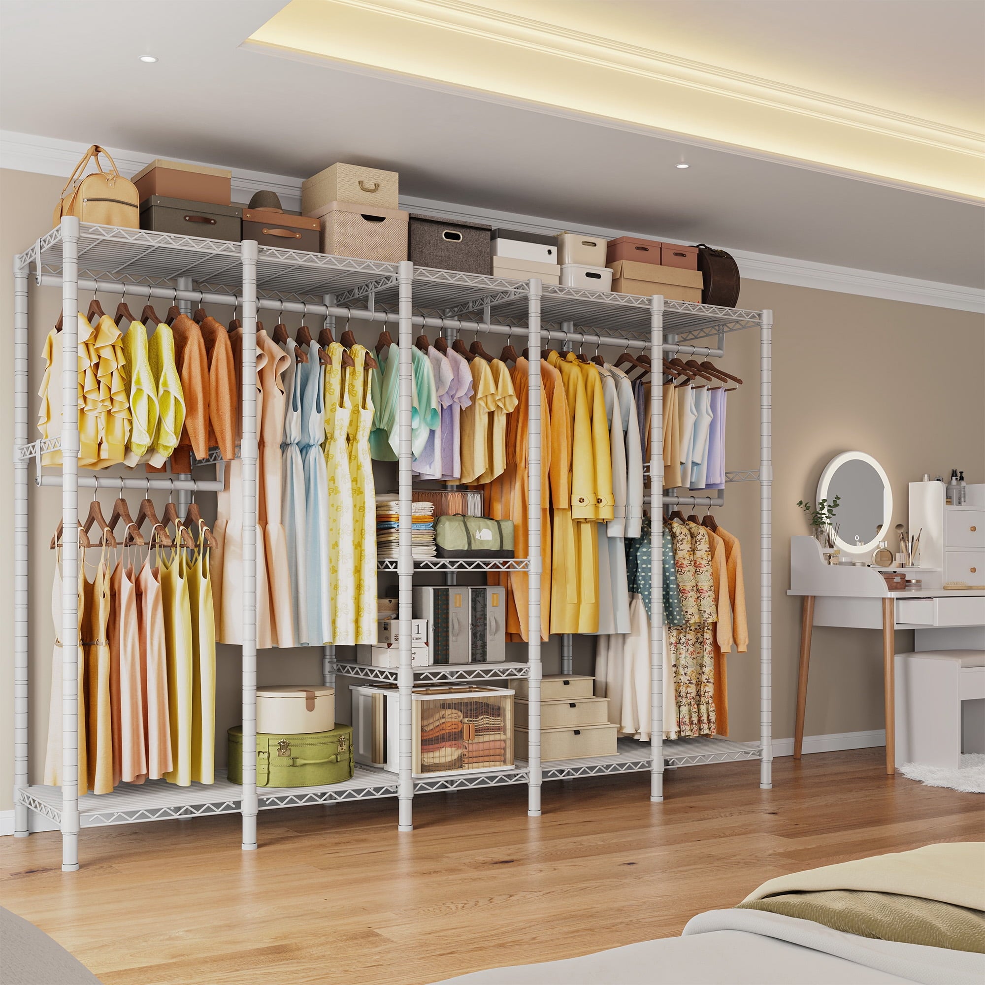 88.2"W Clothes Rack Portable Closet Rack Loads 1200lbs Capacity Freestanding Wardrobe Closet with Adjustable Shelves, White
