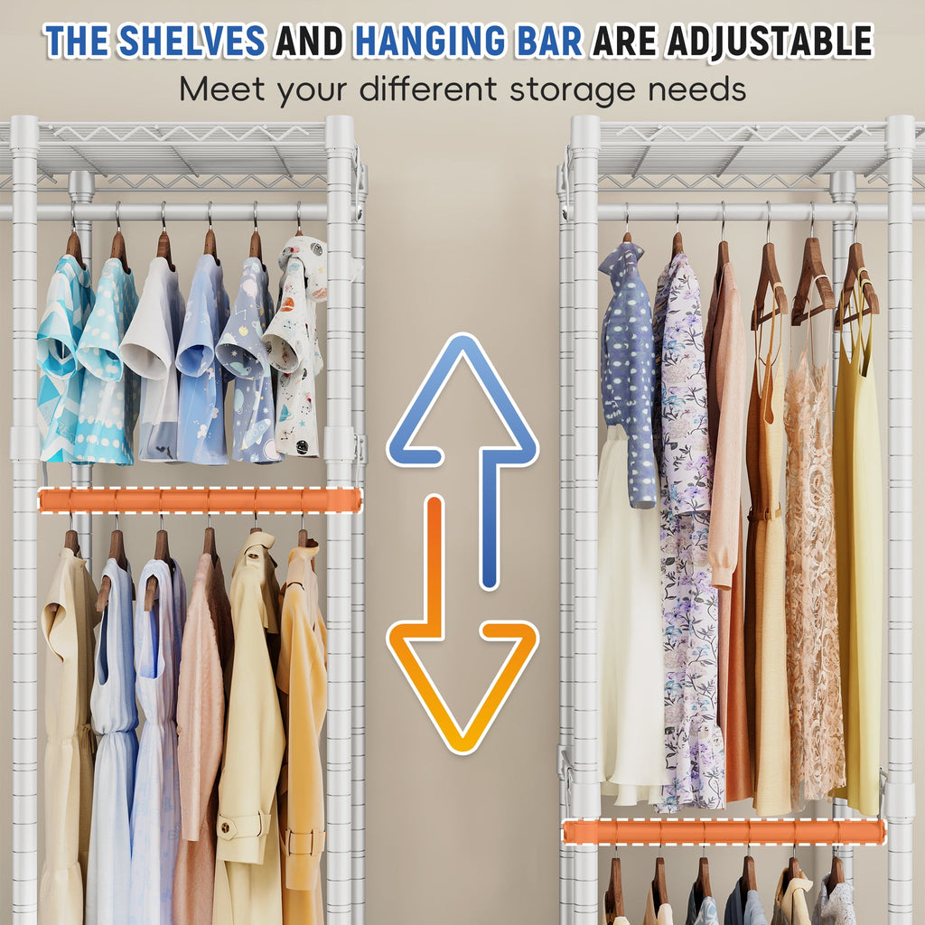 88.2"W Clothes Rack Portable Closet Rack Loads 1200lbs Capacity Freestanding Wardrobe Closet with Adjustable Shelves, White