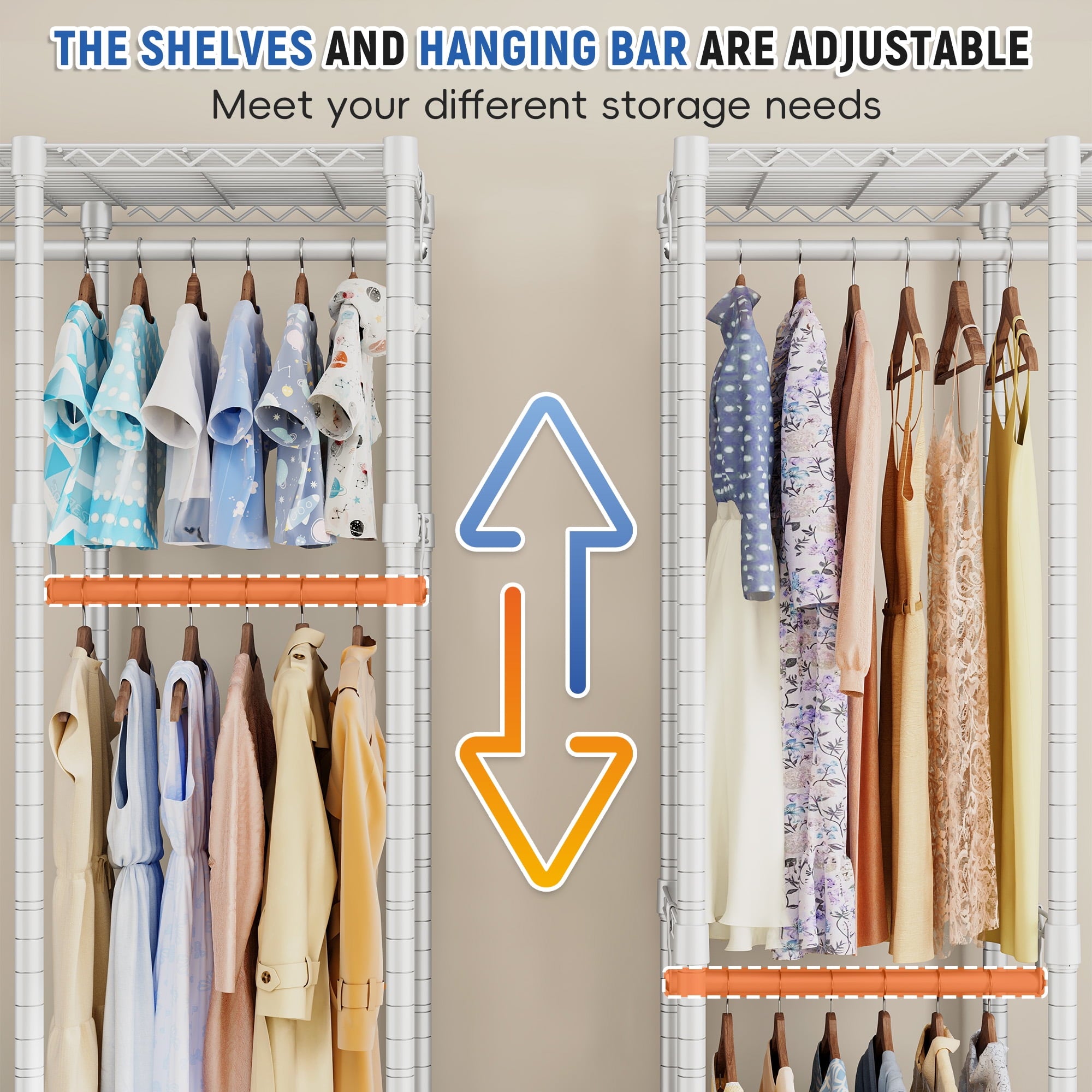 88.2"W Clothes Rack Portable Closet Rack Loads 1200lbs Capacity Freestanding Wardrobe Closet with Adjustable Shelves, White