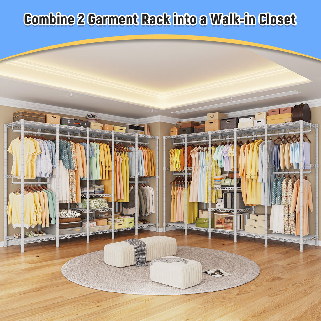 88.2"W Clothes Rack Portable Closet Rack Loads 1200lbs Capacity Freestanding Wardrobe Closet with Adjustable Shelves, White