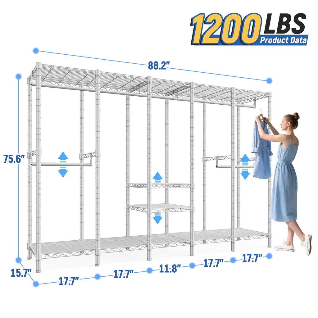 88.2"W Clothes Rack Portable Closet Rack Loads 1200lbs Capacity Freestanding Wardrobe Closet with Adjustable Shelves, White