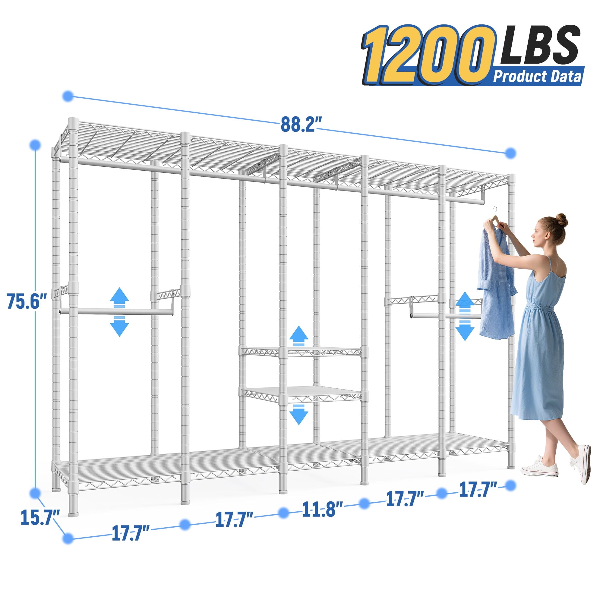 88.2"W Clothes Rack Portable Closet Rack Loads 1200lbs Capacity Freestanding Wardrobe Closet with Adjustable Shelves, White