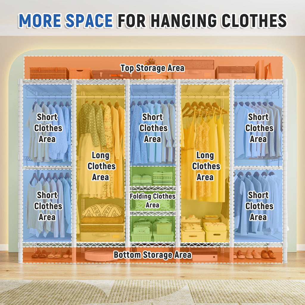 88.2"W Clothes Rack Portable Closet Rack Loads 1200lbs Capacity Freestanding Wardrobe Closet with Adjustable Shelves, White