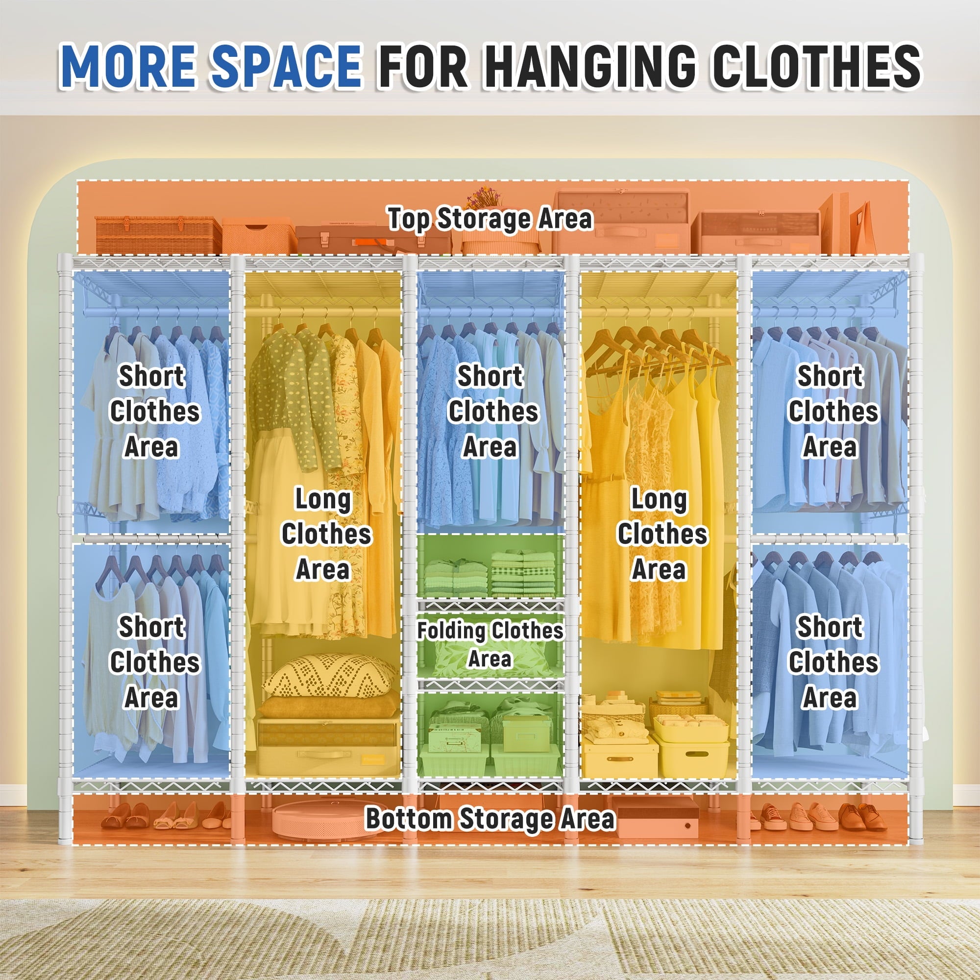 88.2"W Clothes Rack Portable Closet Rack Loads 1200lbs Capacity Freestanding Wardrobe Closet with Adjustable Shelves, White