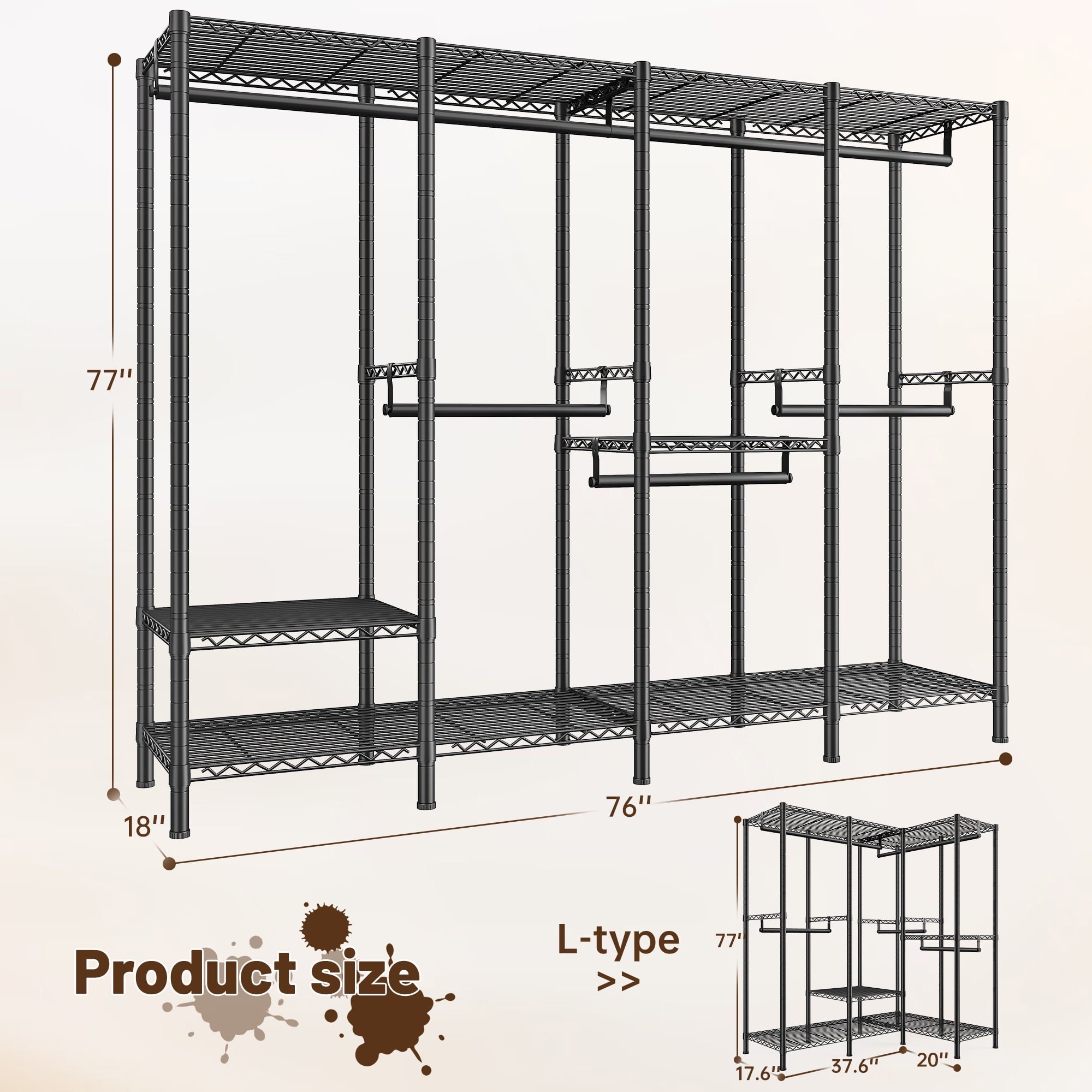 88.2"W Clothes Rack Portable Closet Rack Loads 1200lbs Capacity Freestanding Wardrobe Closet with Adjustable Shelves, White