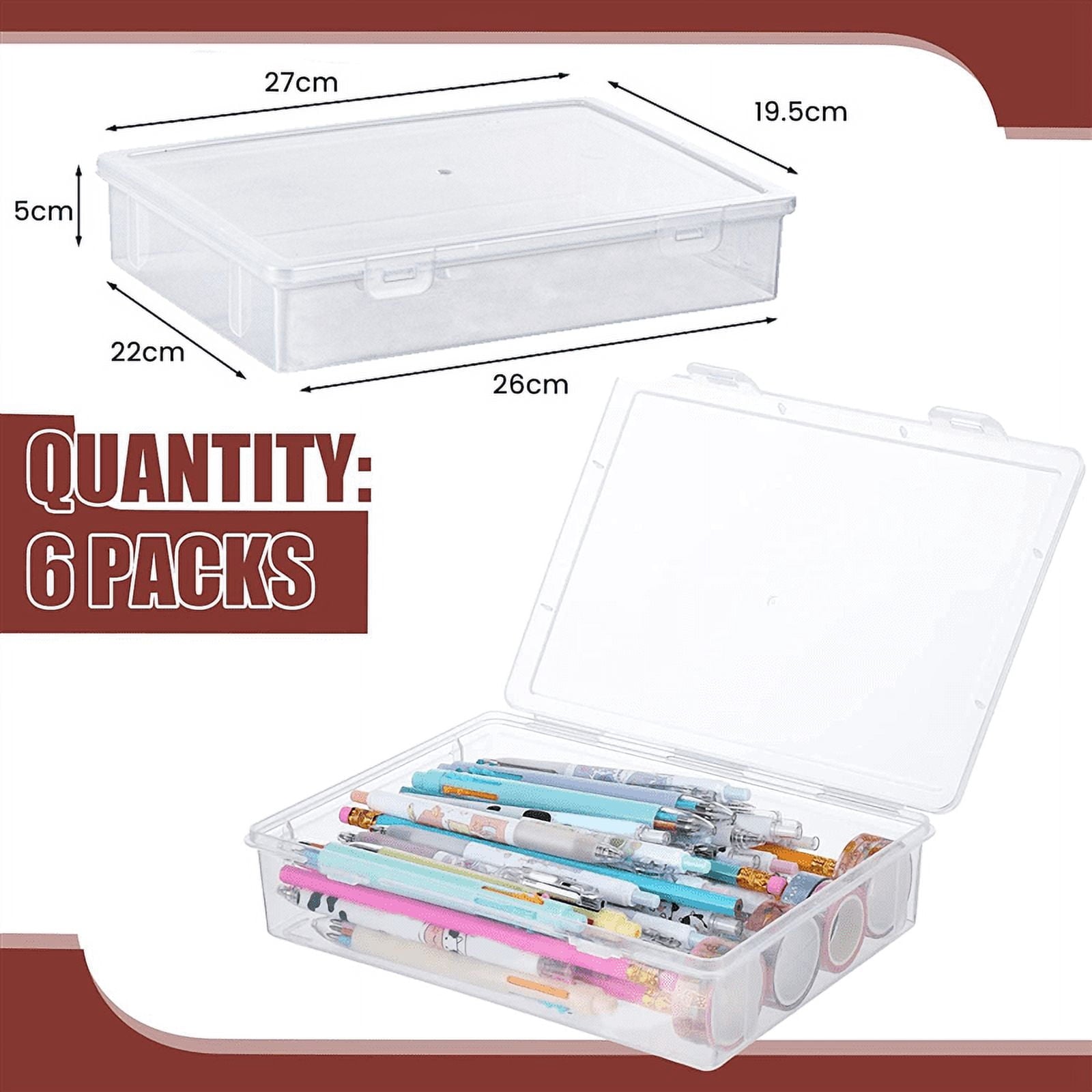 6 Pcs 11In x 8In 2In Plastic Storage Box with Lid Multipurpose Craft Organizer Containers Clear Pencil Case