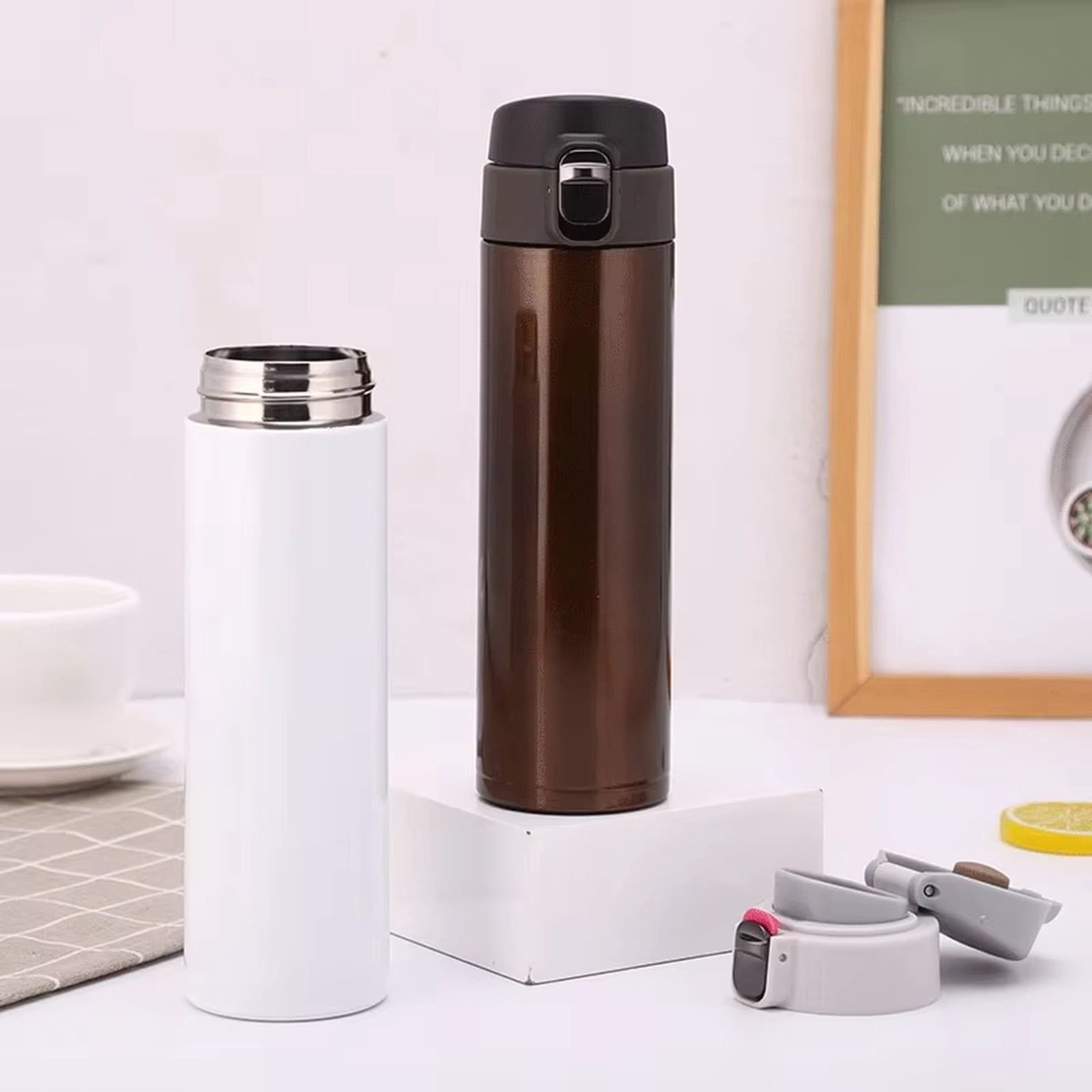 Insulated Stainless Steel Water Bottle, Double Wall Construction, Hot Cold Retention, Auto Pop Lid, Vehicle Storage, Corporate Giveaways, 1 Pc