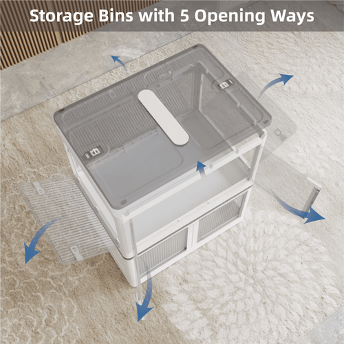 4-Pack Transparent Stackable Storage Bins with 5 Doors to Open with Wheels, Folding Plastic Craft Containers Large Closet Organizers Box for Bedrooms Living Rooms Study Toys, White