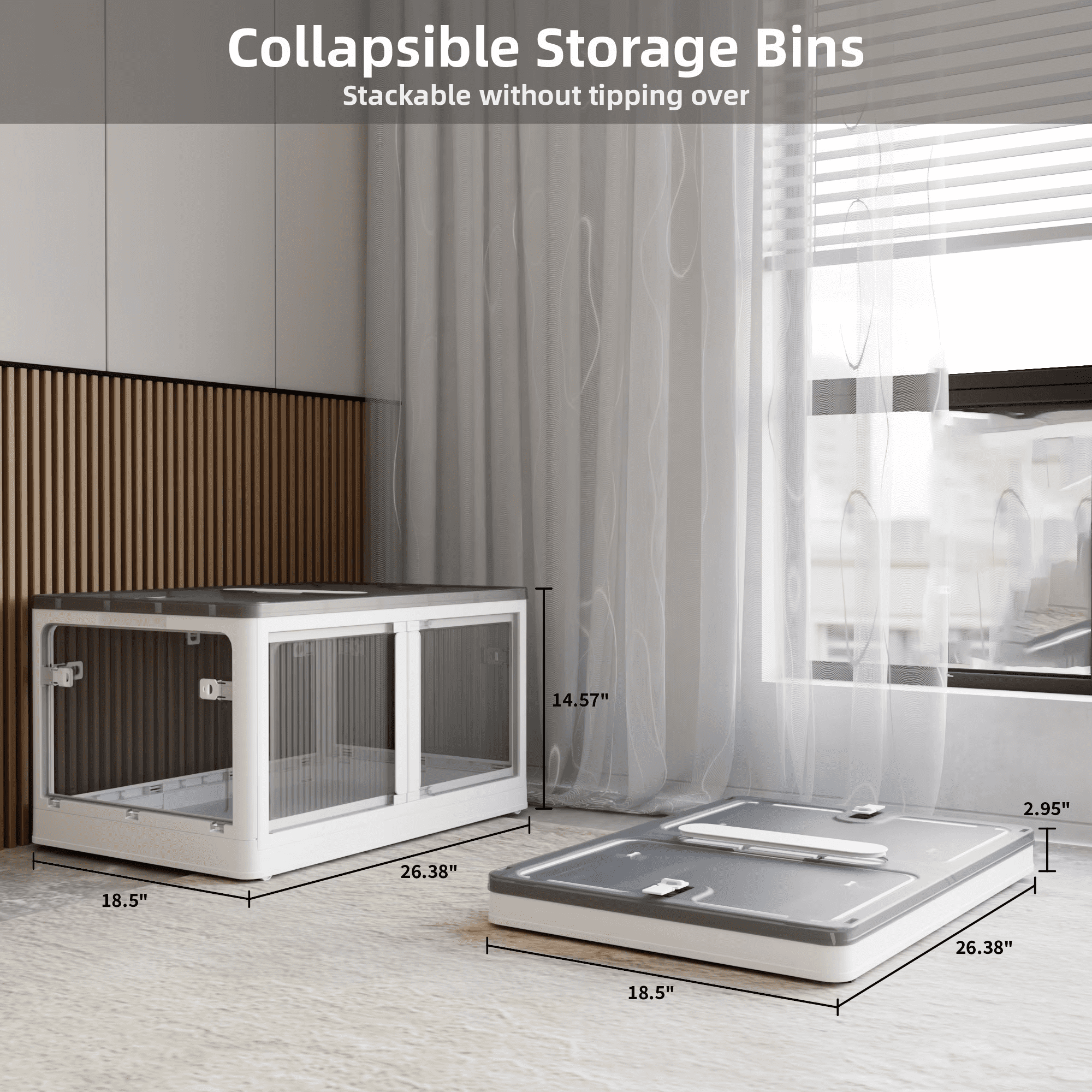 4-Pack Transparent Stackable Storage Bins with 5 Doors to Open with Wheels, Folding Plastic Craft Containers Large Closet Organizers Box for Bedrooms Living Rooms Study Toys, White