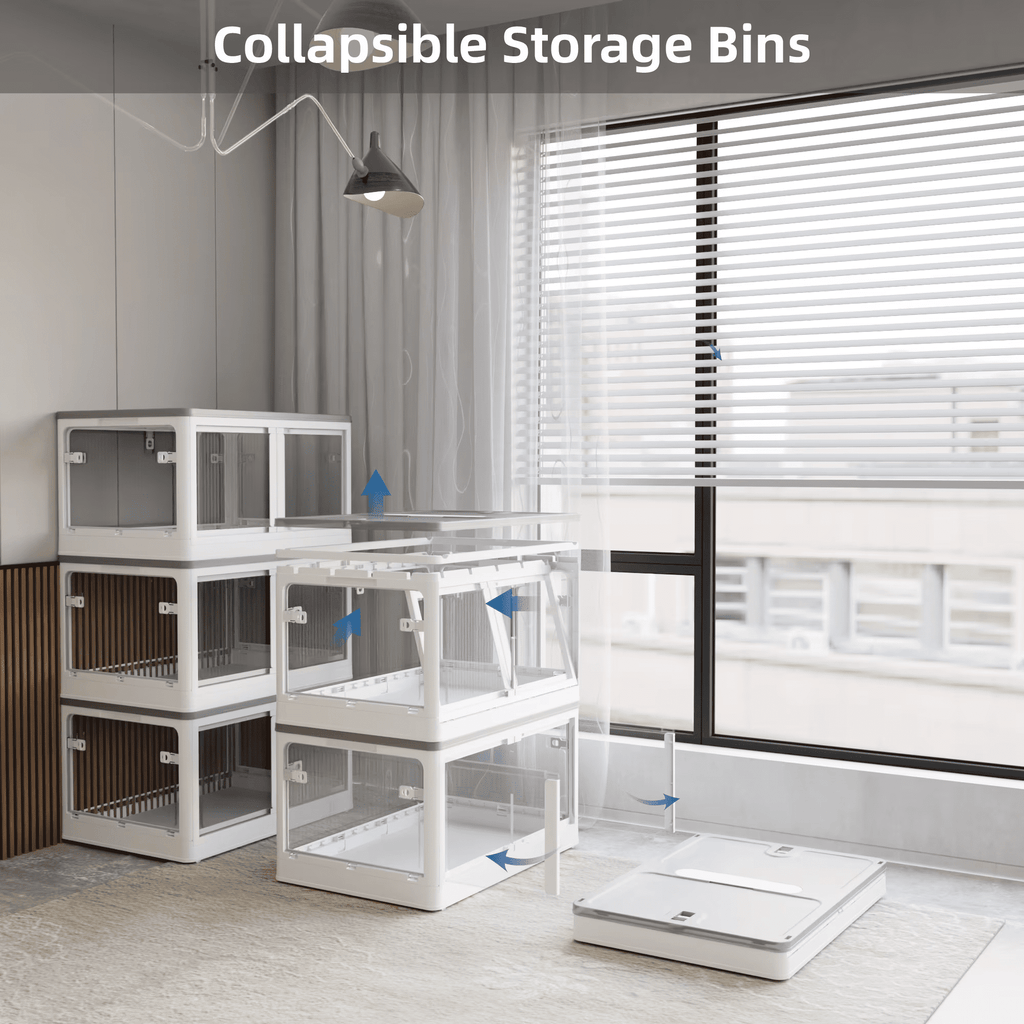 4-Pack Transparent Stackable Storage Bins with 5 Doors to Open with Wheels, Folding Plastic Craft Containers Large Closet Organizers Box for Bedrooms Living Rooms Study Toys, White