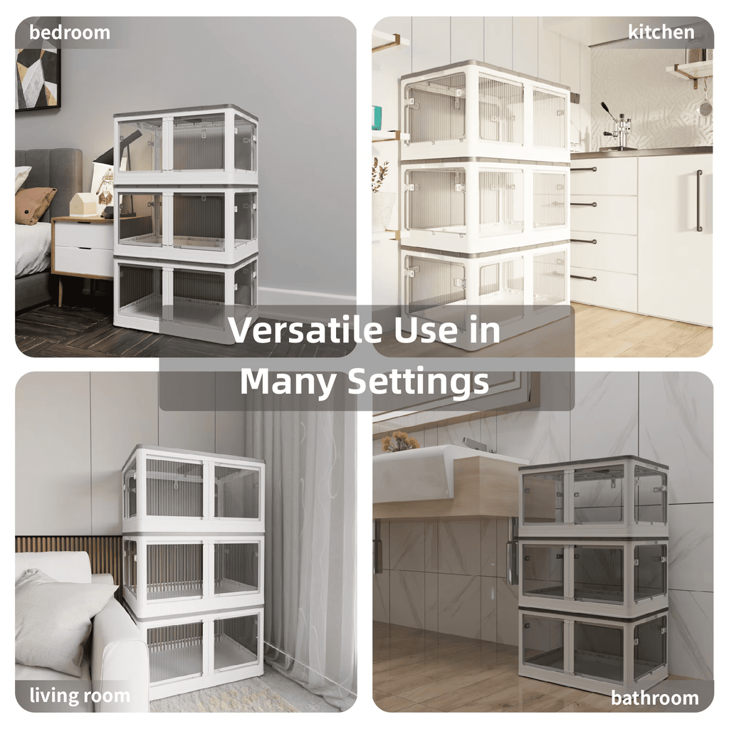 4-Pack Transparent Stackable Storage Bins with 5 Doors to Open with Wheels, Folding Plastic Craft Containers Large Closet Organizers Box for Bedrooms Living Rooms Study Toys, White