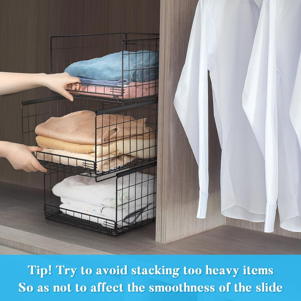 4-tier Sliding Closet Organizers and Drawer Storage Shelves, Stackable Storage Bins for Jean Pants Sweaters, Metal Drawer Slid Clothes Storage Container, Closet Organizers for Clothes-Black
