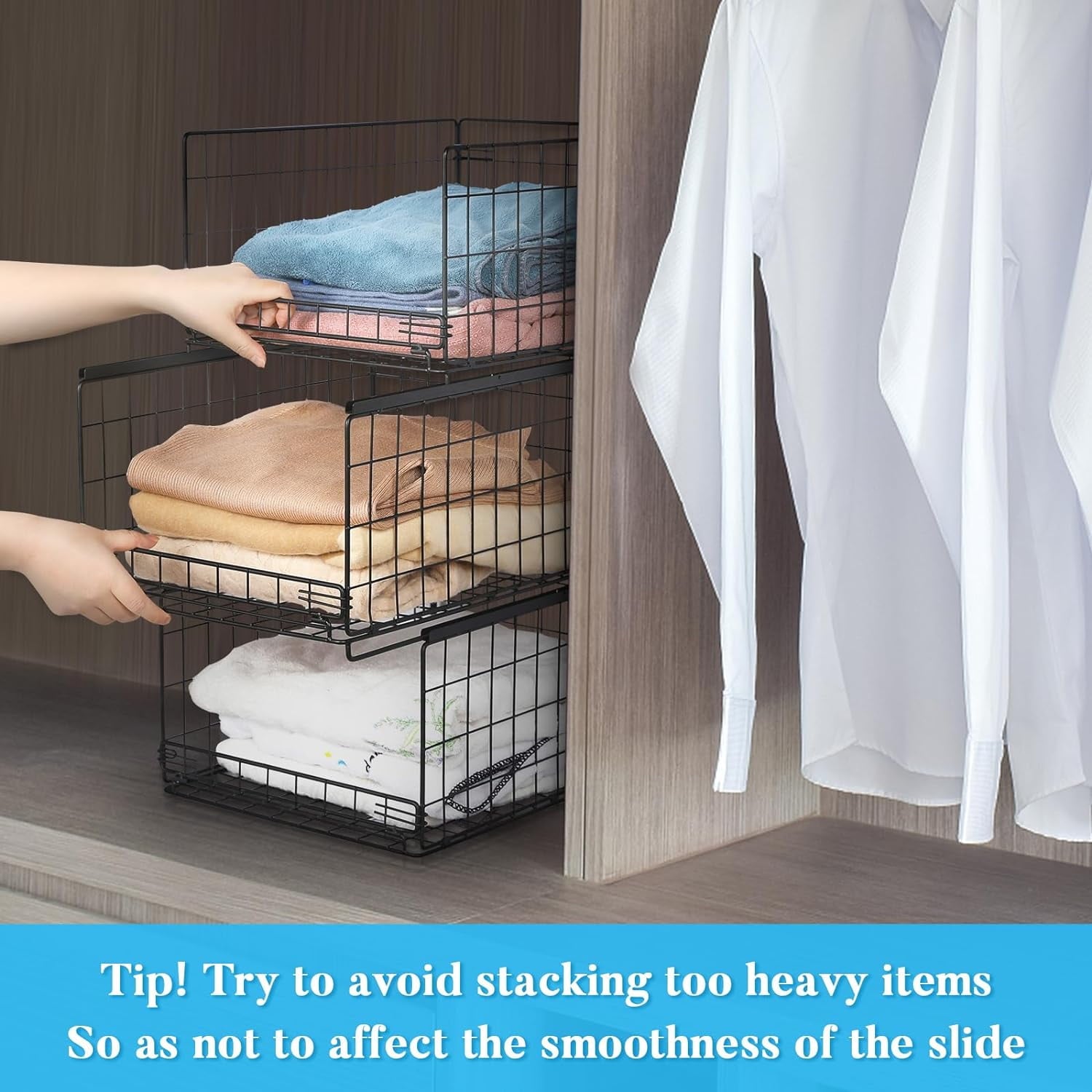4-tier Sliding Closet Organizers and Drawer Storage Shelves, Stackable Storage Bins for Jean Pants Sweaters, Metal Drawer Slid Clothes Storage Container, Closet Organizers for Clothes-Black