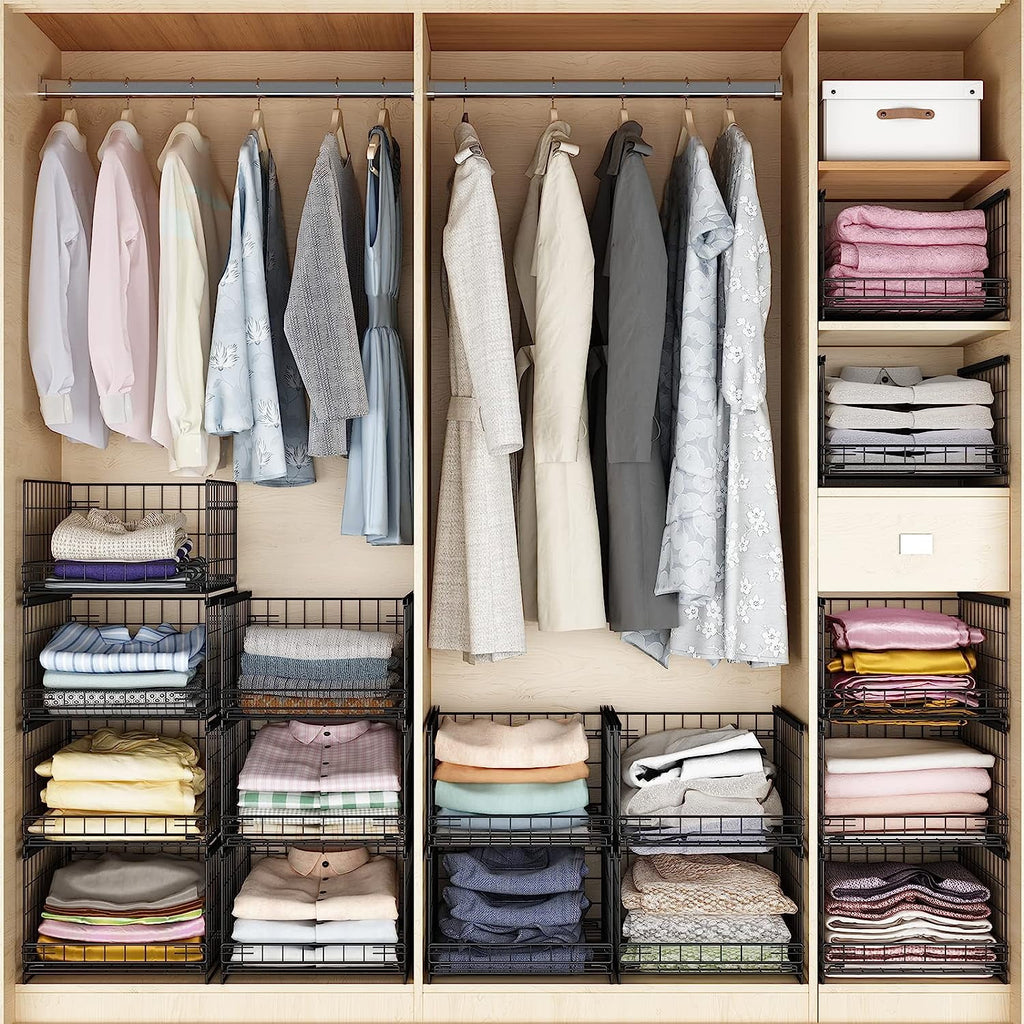 4-tier Sliding Closet Organizers and Drawer Storage Shelves, Stackable Storage Bins for Jean Pants Sweaters, Metal Drawer Slid Clothes Storage Container, Closet Organizers for Clothes-Black
