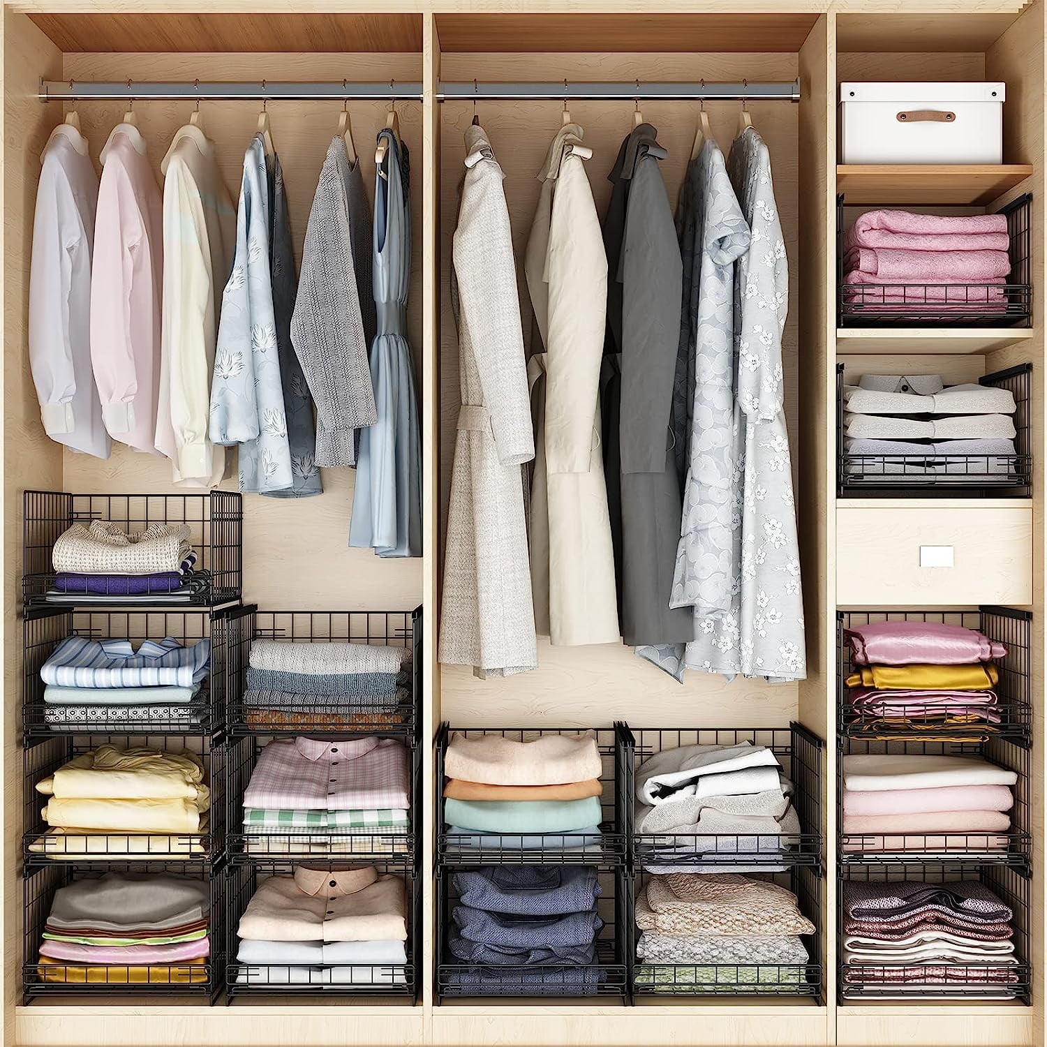 4-tier Sliding Closet Organizers and Drawer Storage Shelves, Stackable Storage Bins for Jean Pants Sweaters, Metal Drawer Slid Clothes Storage Container, Closet Organizers for Clothes-Black