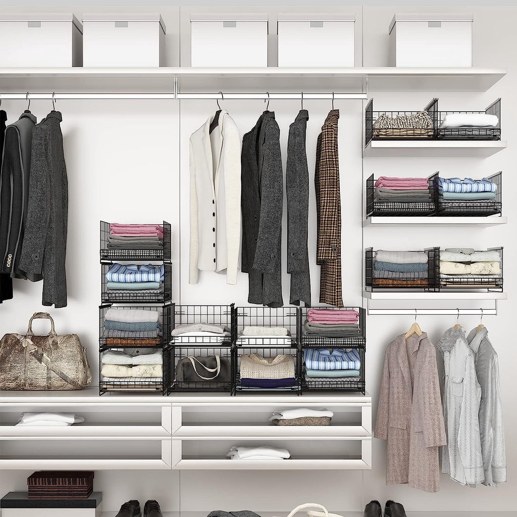 4-tier Sliding Closet Organizers and Drawer Storage Shelves, Stackable Storage Bins for Jean Pants Sweaters, Metal Drawer Slid Clothes Storage Container, Closet Organizers for Clothes-Black
