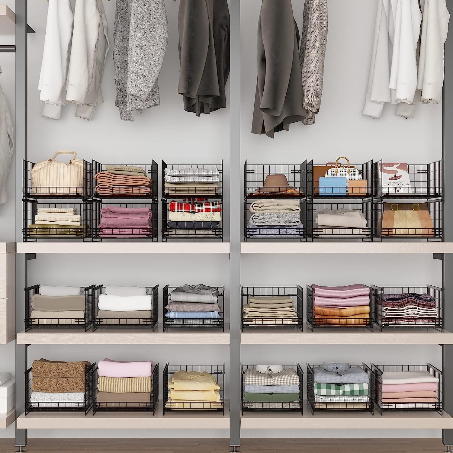 4-tier Sliding Closet Organizers and Drawer Storage Shelves, Stackable Storage Bins for Jean Pants Sweaters, Metal Drawer Slid Clothes Storage Container, Closet Organizers for Clothes-Black