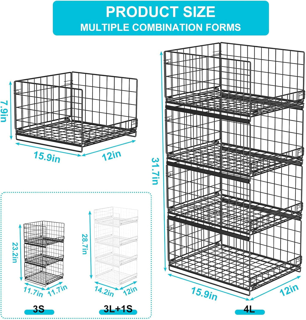 4-tier Sliding Closet Organizers and Drawer Storage Shelves, Stackable Storage Bins for Jean Pants Sweaters, Metal Drawer Slid Clothes Storage Container, Closet Organizers for Clothes-Black