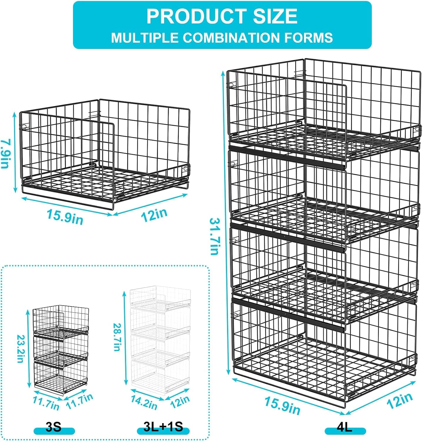 4-tier Sliding Closet Organizers and Drawer Storage Shelves, Stackable Storage Bins for Jean Pants Sweaters, Metal Drawer Slid Clothes Storage Container, Closet Organizers for Clothes-Black