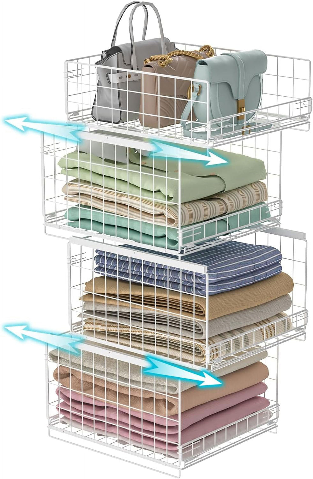 4-tier Sliding Closet Organizers and Drawer Storage Shelves, Stackable Storage Bins for Jean Pants Sweaters, Metal Drawer Slid Clothes Storage Container, Closet Organizers for Clothes-Black
