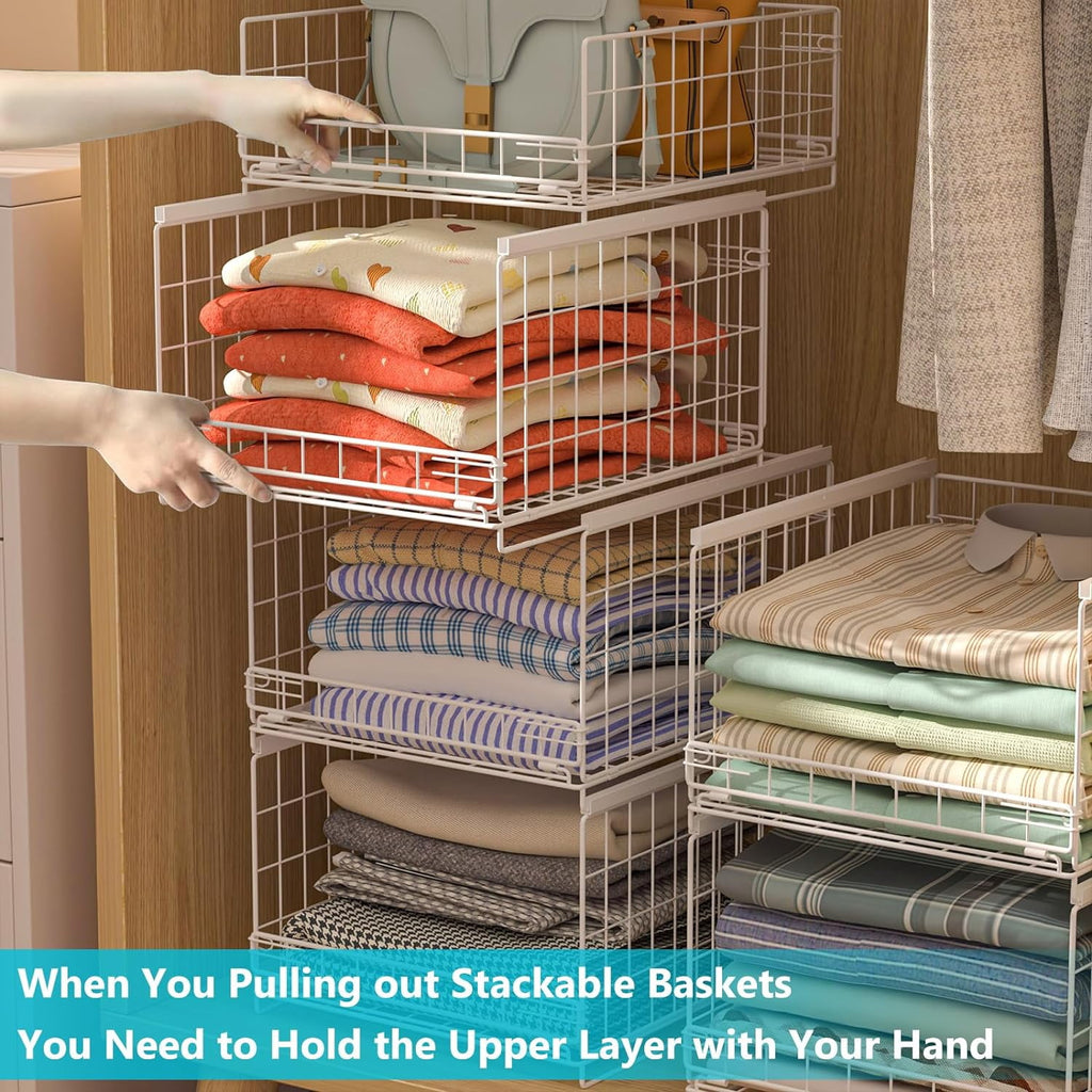 4-tier Sliding Closet Organizers and Drawer Storage Shelves, Stackable Storage Bins for Jean Pants Sweaters, Metal Drawer Slid Clothes Storage Container, Closet Organizers for Clothes-Black