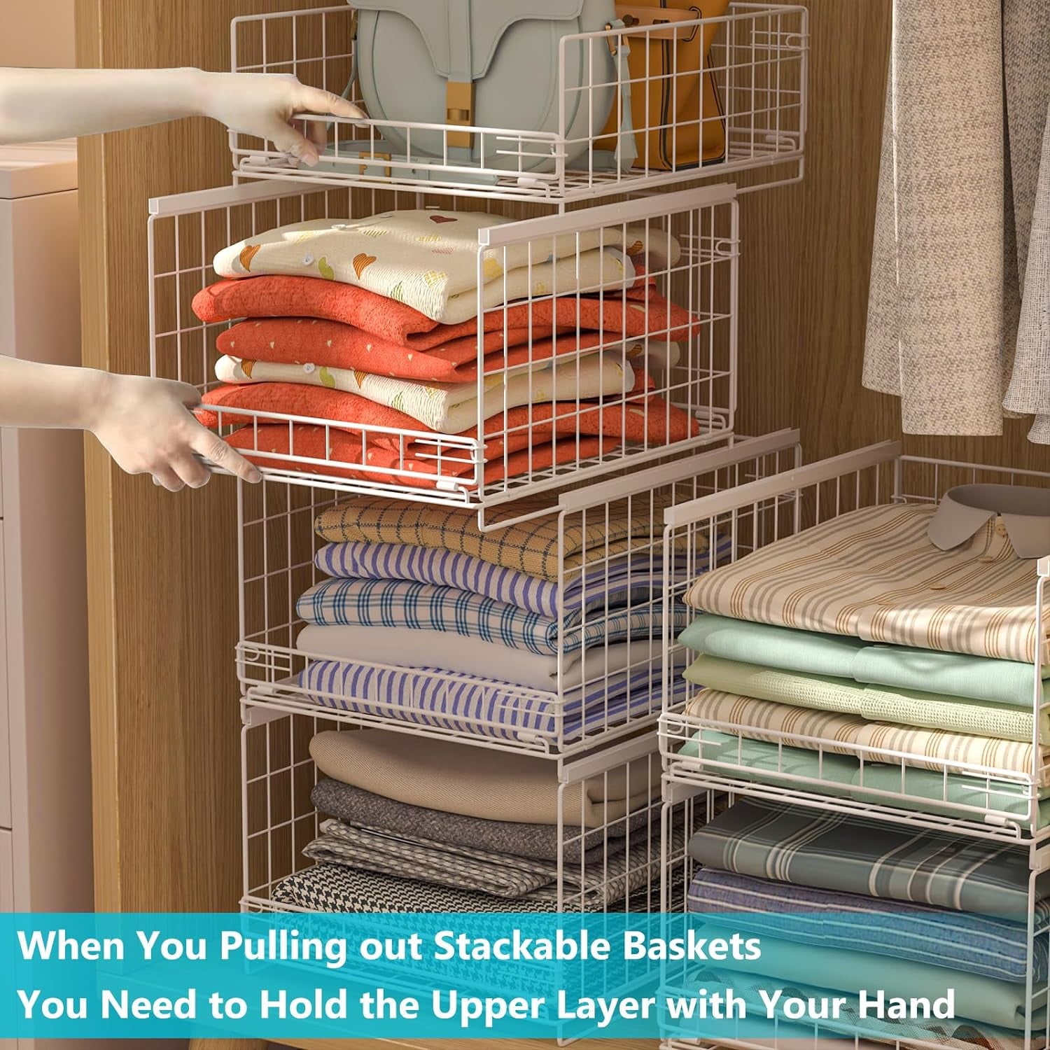 4-tier Sliding Closet Organizers and Drawer Storage Shelves, Stackable Storage Bins for Jean Pants Sweaters, Metal Drawer Slid Clothes Storage Container, Closet Organizers for Clothes-Black