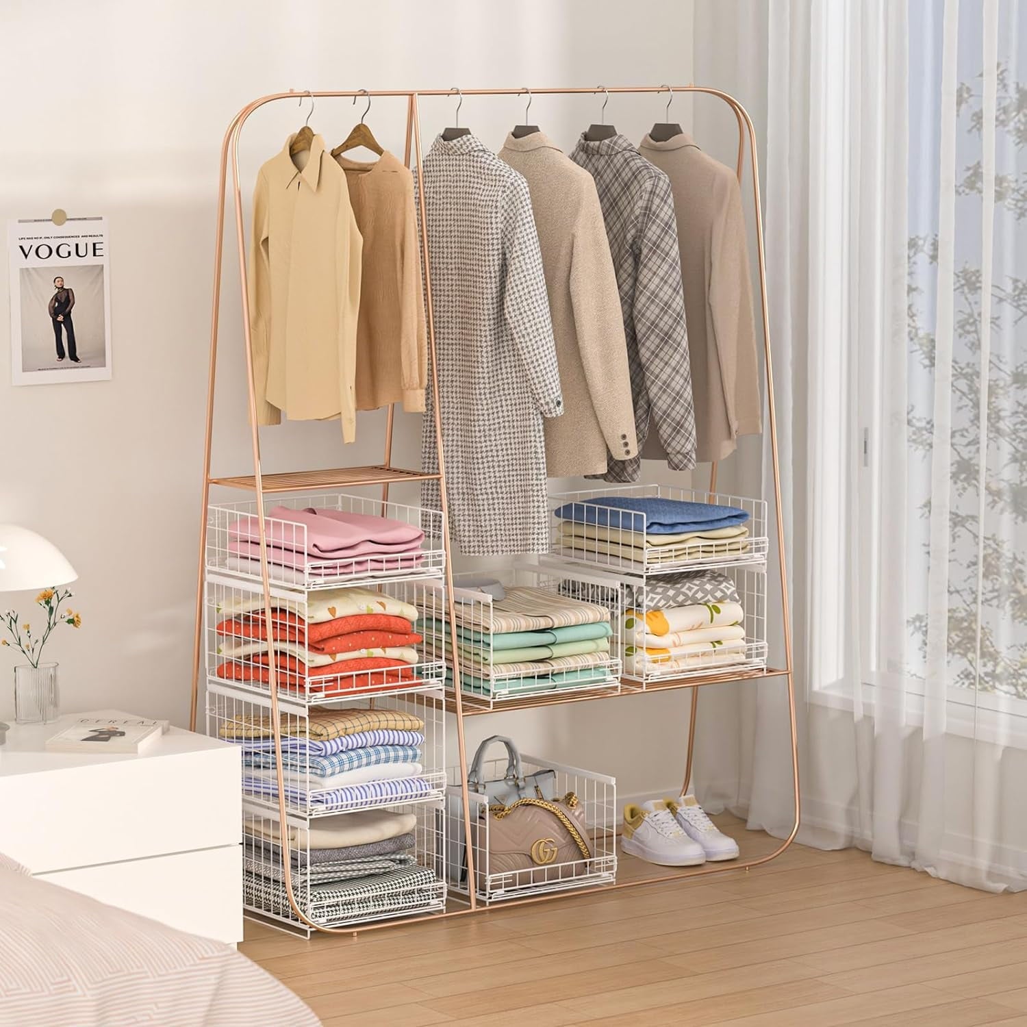 4-tier Sliding Closet Organizers and Drawer Storage Shelves, Stackable Storage Bins for Jean Pants Sweaters, Metal Drawer Slid Clothes Storage Container, Closet Organizers for Clothes-Black