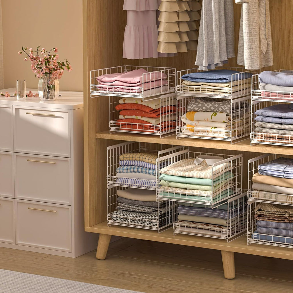 4-tier Sliding Closet Organizers and Drawer Storage Shelves, Stackable Storage Bins for Jean Pants Sweaters, Metal Drawer Slid Clothes Storage Container, Closet Organizers for Clothes-Black