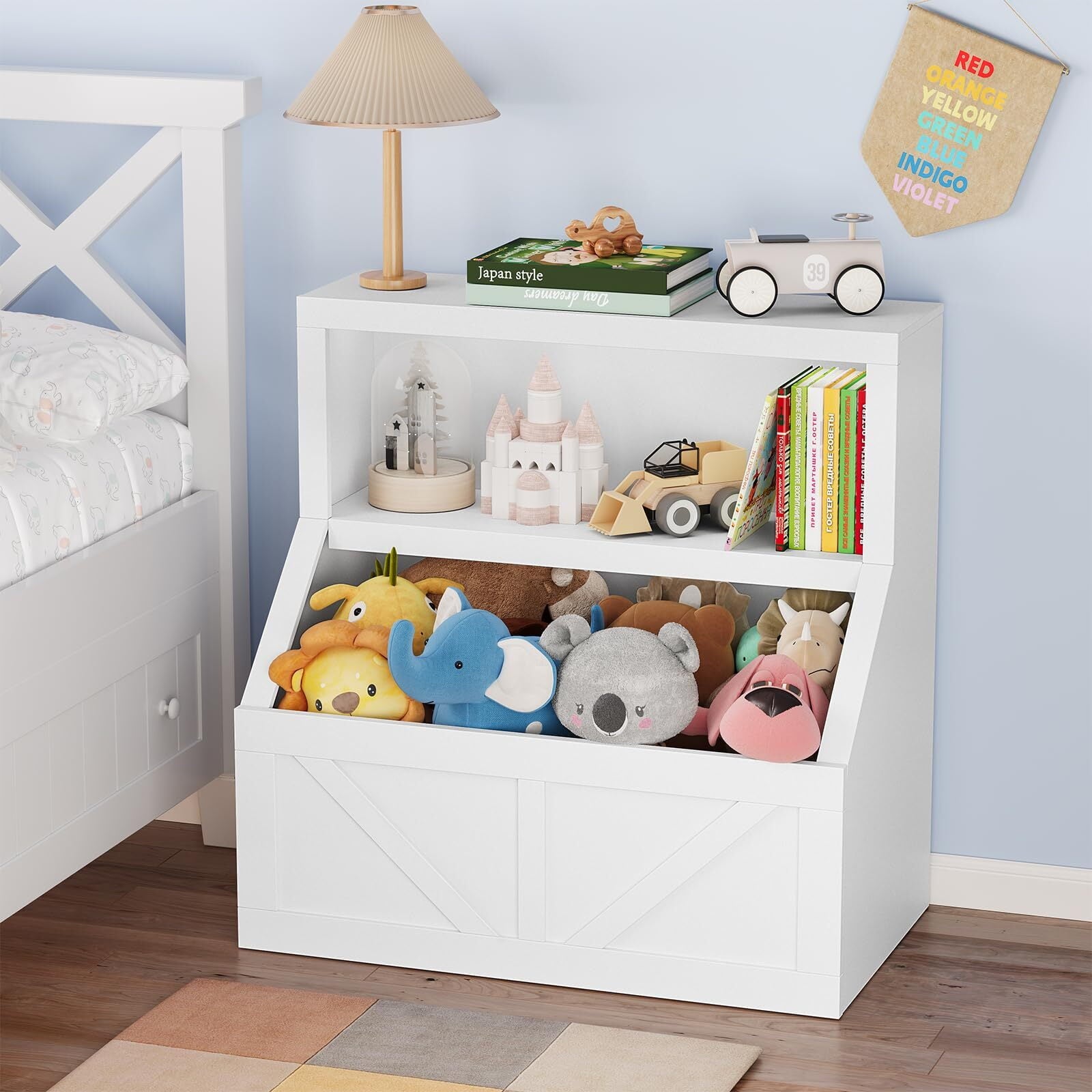 Kids Bookshelf and Toy Storage, 2 Tier Toy Organizer with Storage Cabinet, Toddler 2 Shelf Bookcase for Playroom, Bedroom, Living Room, Classroom, White
