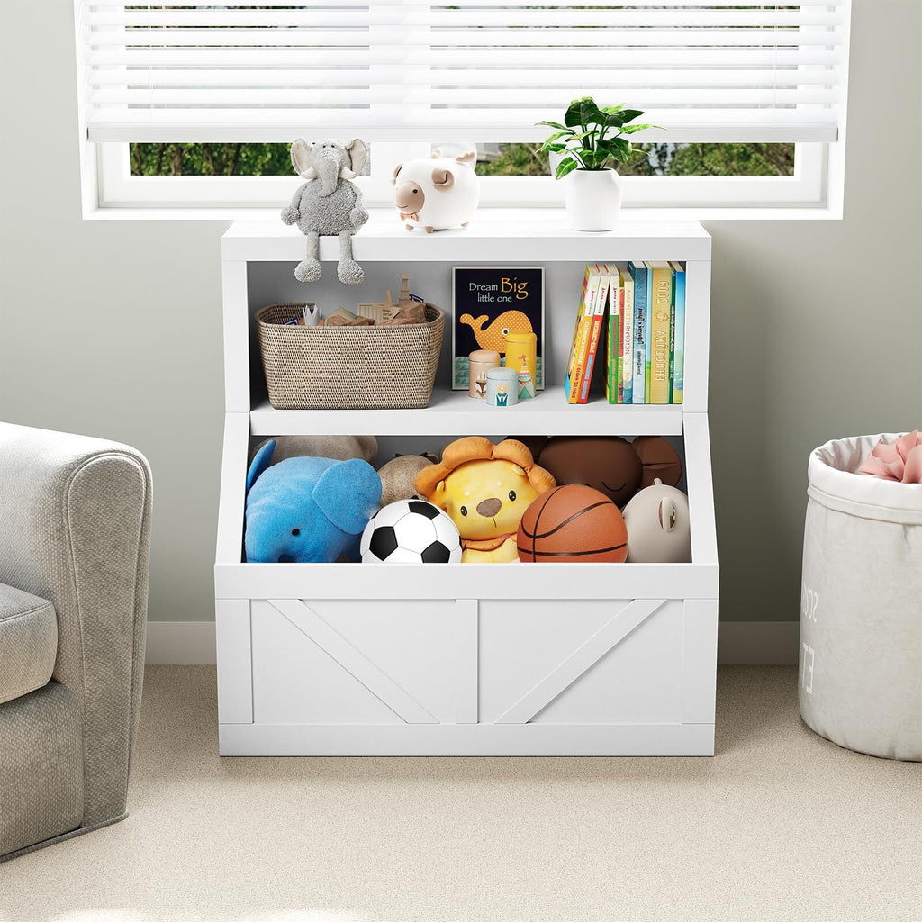 Kids Bookshelf and Toy Storage, 2 Tier Toy Organizer with Storage Cabinet, Toddler 2 Shelf Bookcase for Playroom, Bedroom, Living Room, Classroom, White
