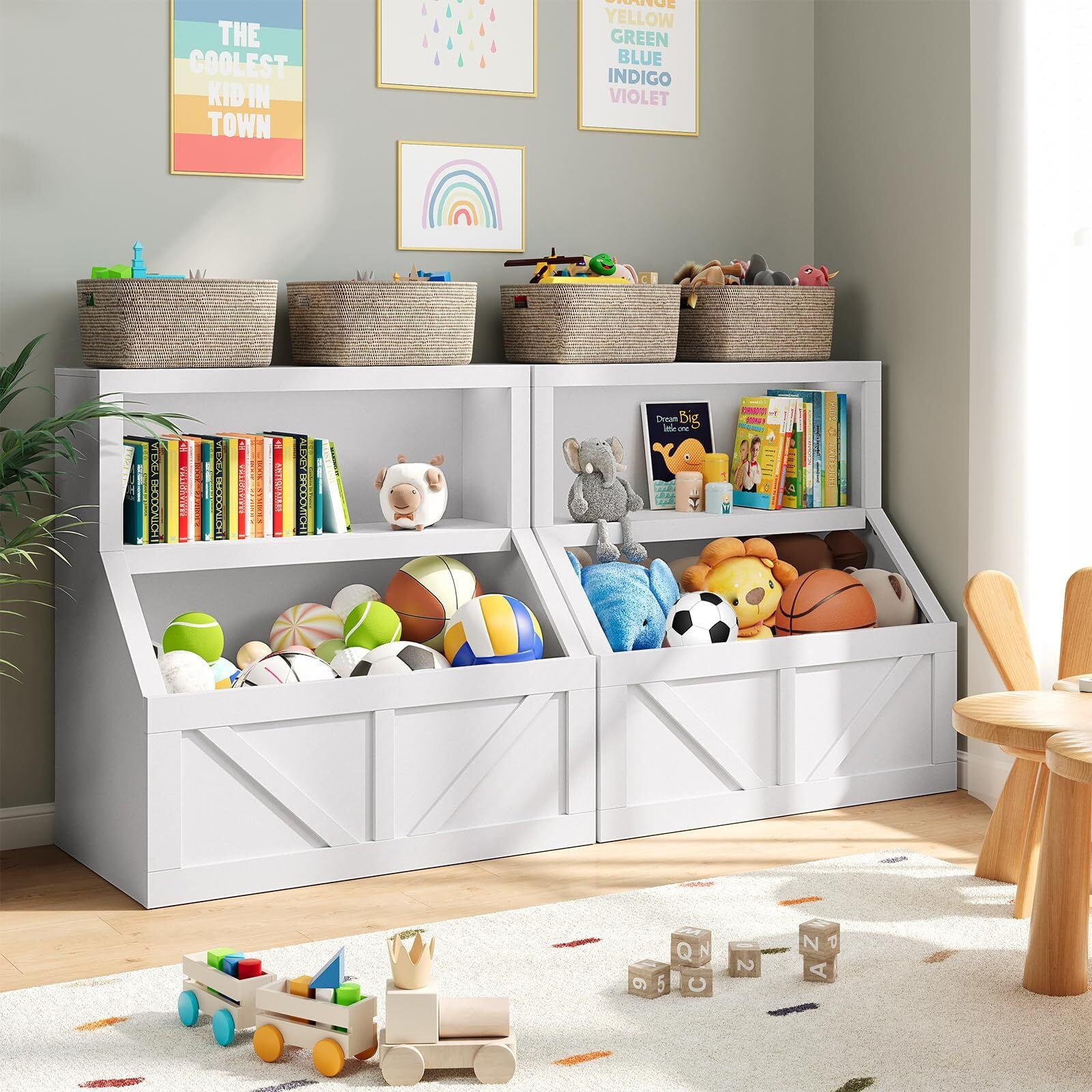 Kids Bookshelf and Toy Storage, 2 Tier Toy Organizer with Storage Cabinet, Toddler 2 Shelf Bookcase for Playroom, Bedroom, Living Room, Classroom, White