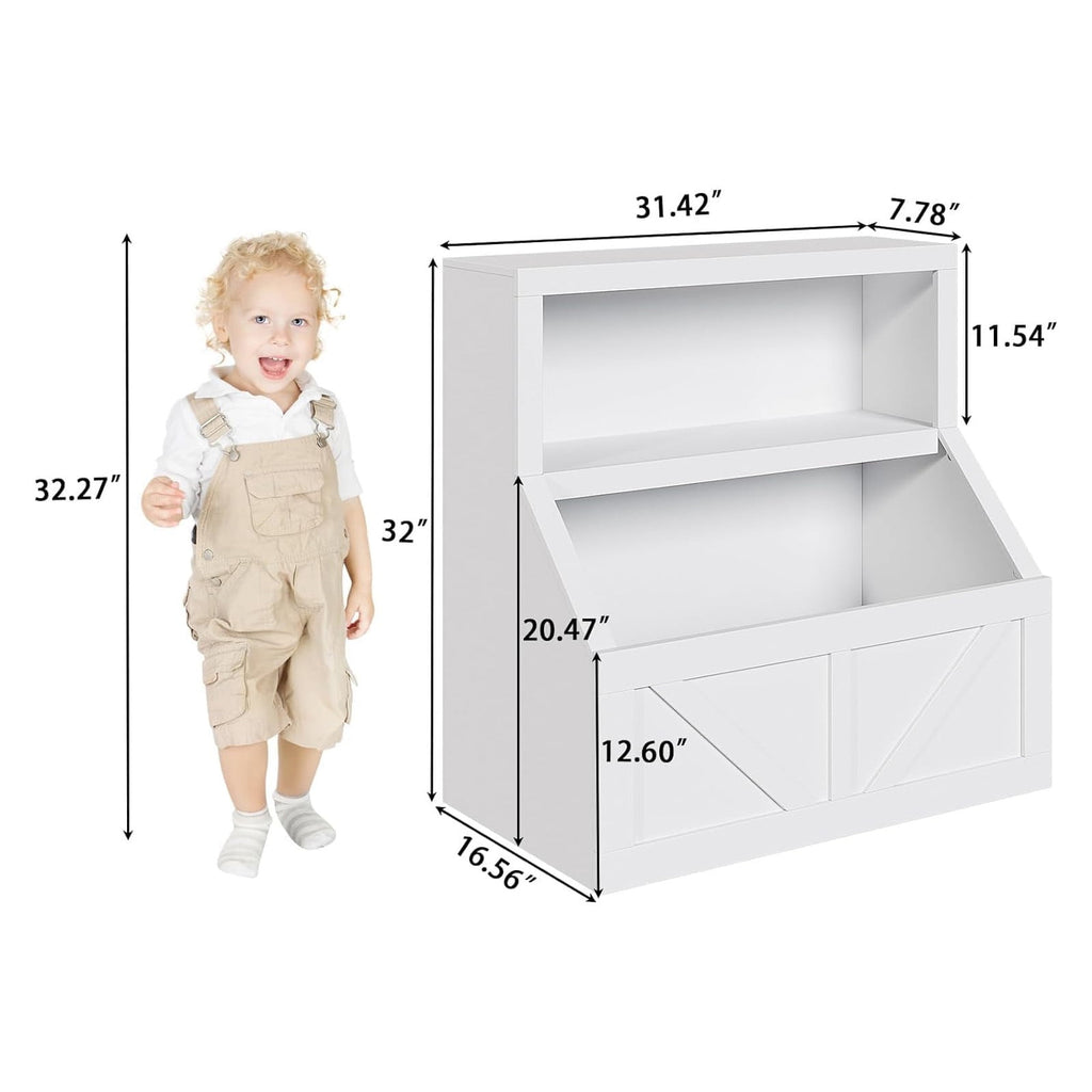 Kids Bookshelf and Toy Storage, 2 Tier Toy Organizer with Storage Cabinet, Toddler 2 Shelf Bookcase for Playroom, Bedroom, Living Room, Classroom, White