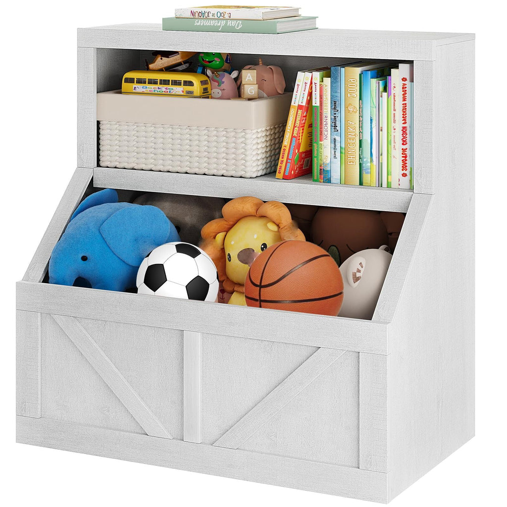Kids Bookshelf and Toy Storage, 2 Tier Toy Organizer with Storage Cabinet, Toddler 2 Shelf Bookcase for Playroom, Bedroom, Living Room, Classroom, White