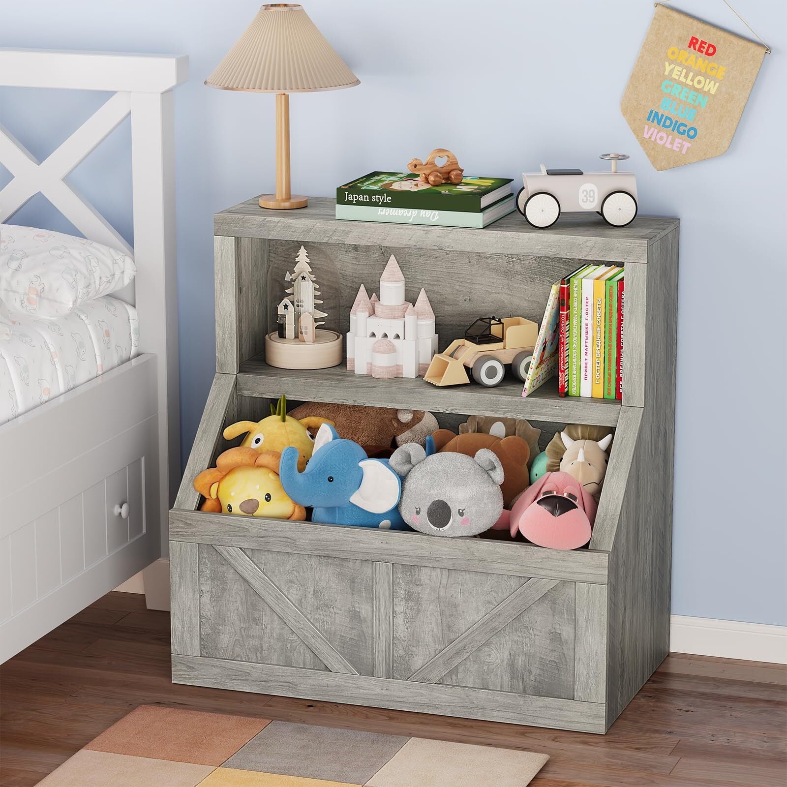 Kids Bookshelf and Toy Storage, 2 Tier Toy Organizer with Storage Cabinet, Toddler 2 Shelf Bookcase for Playroom, Bedroom, Living Room, Classroom, White