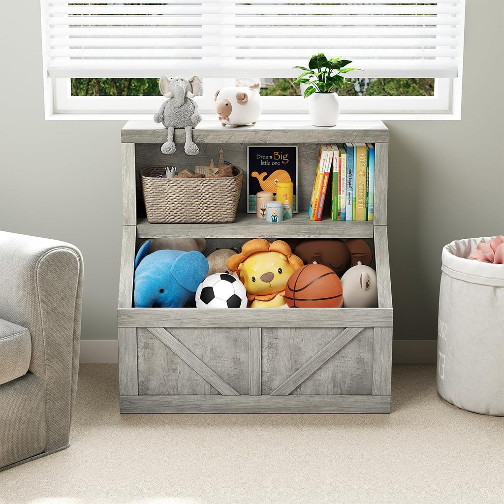 Kids Bookshelf and Toy Storage, 2 Tier Toy Organizer with Storage Cabinet, Toddler 2 Shelf Bookcase for Playroom, Bedroom, Living Room, Classroom, White