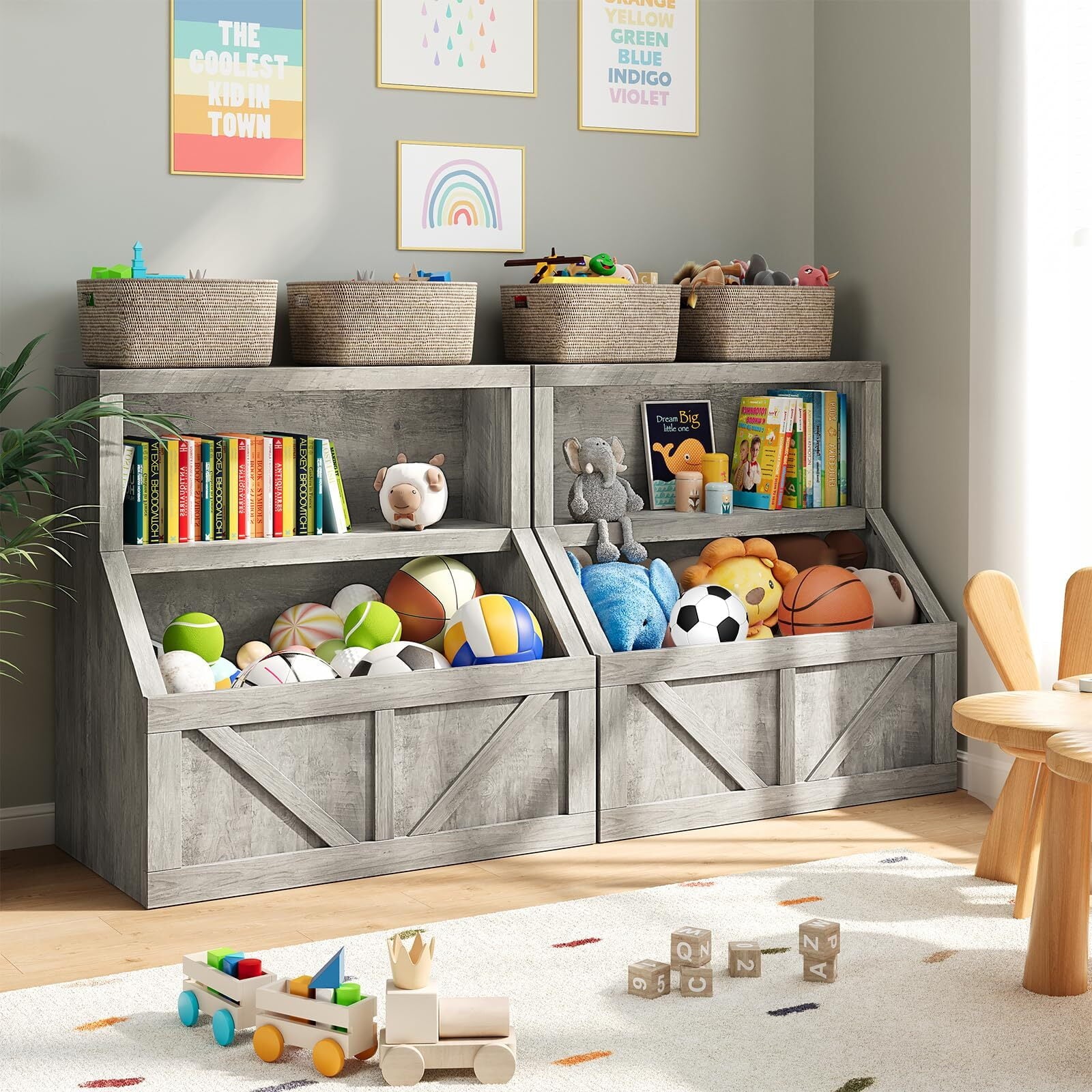 Kids Bookshelf and Toy Storage, 2 Tier Toy Organizer with Storage Cabinet, Toddler 2 Shelf Bookcase for Playroom, Bedroom, Living Room, Classroom, White