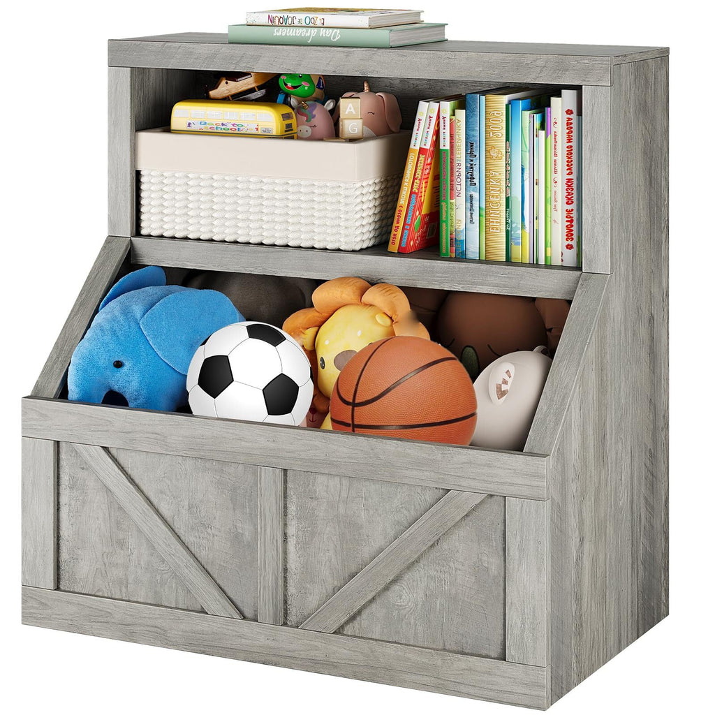 Kids Bookshelf and Toy Storage, 2 Tier Toy Organizer with Storage Cabinet, Toddler 2 Shelf Bookcase for Playroom, Bedroom, Living Room, Classroom, White