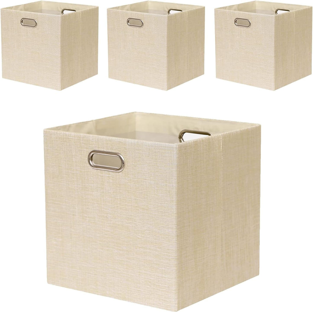 Cube Storage Bins 13×13 Linen Foldable Box with Handles, Collapsible Organization Basket Set of 4 Large Capacity Drawer for Closet Shelf Cabinet Bookcase Bedroom, Beige