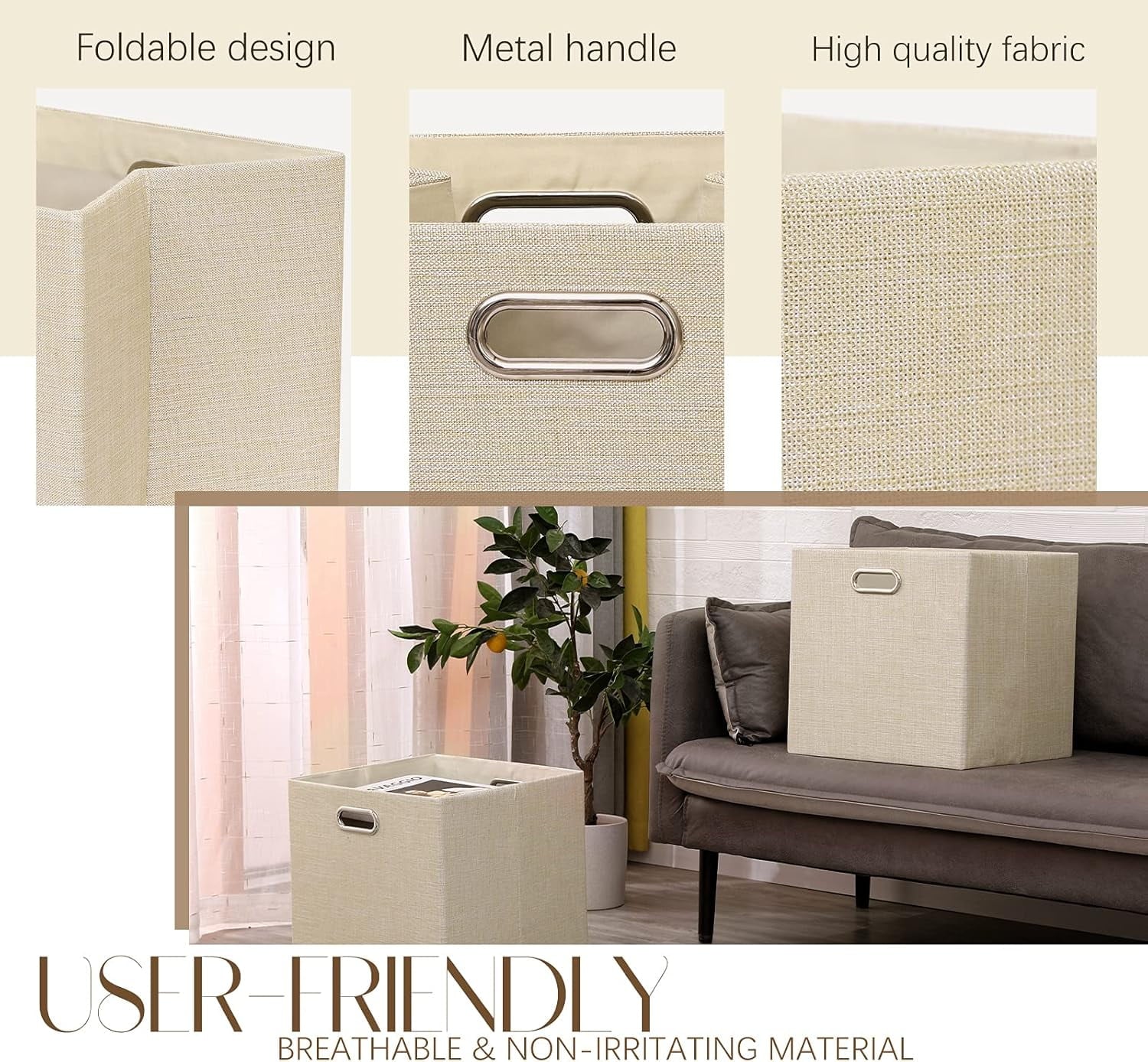 Cube Storage Bins 13×13 Linen Foldable Box with Handles, Collapsible Organization Basket Set of 4 Large Capacity Drawer for Closet Shelf Cabinet Bookcase Bedroom, Beige