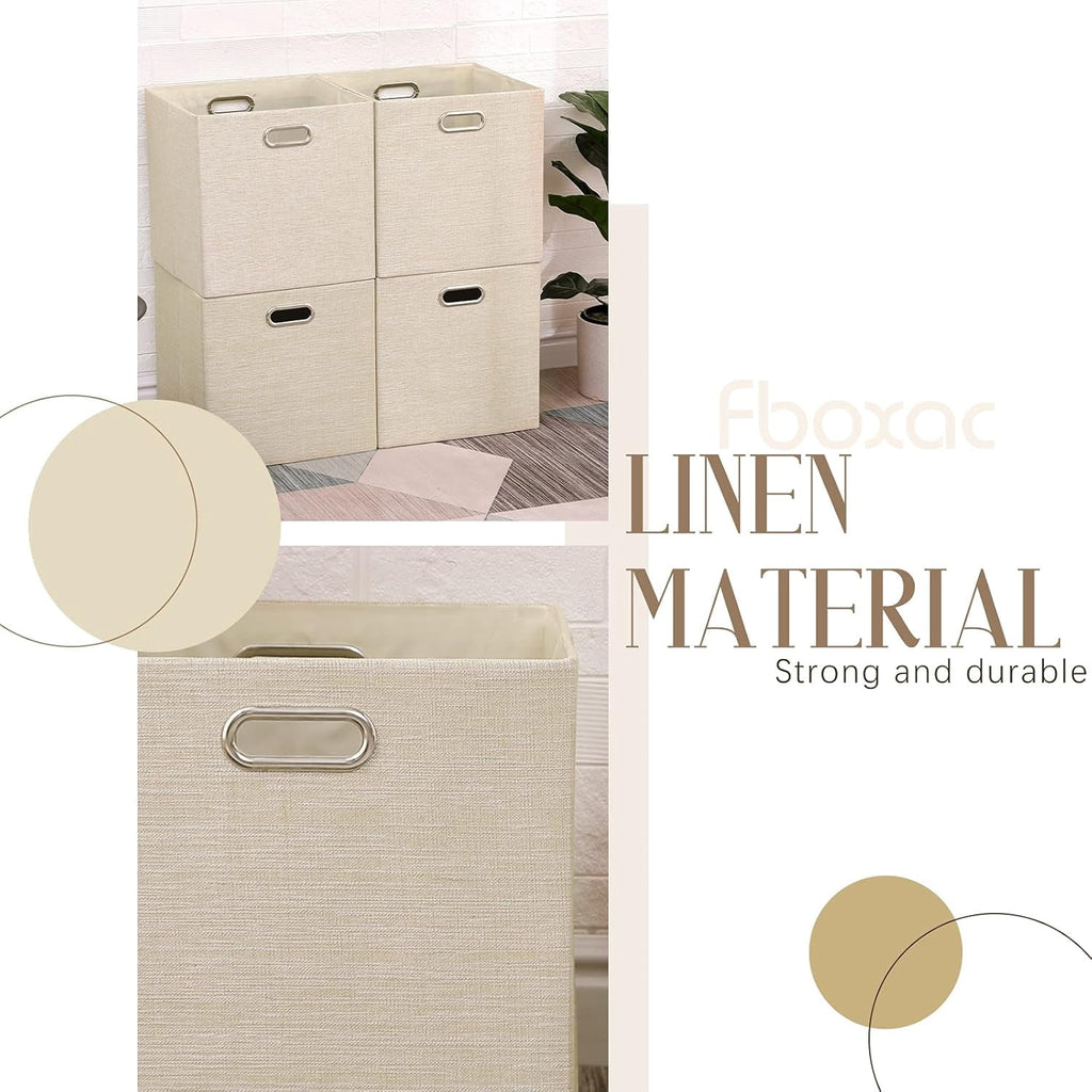 Cube Storage Bins 13×13 Linen Foldable Box with Handles, Collapsible Organization Basket Set of 4 Large Capacity Drawer for Closet Shelf Cabinet Bookcase Bedroom, Beige