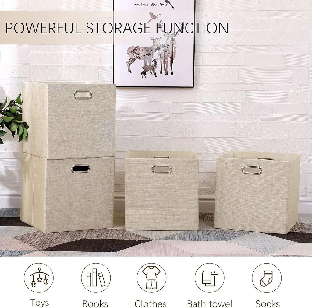 Cube Storage Bins 13×13 Linen Foldable Box with Handles, Collapsible Organization Basket Set of 4 Large Capacity Drawer for Closet Shelf Cabinet Bookcase Bedroom, Beige