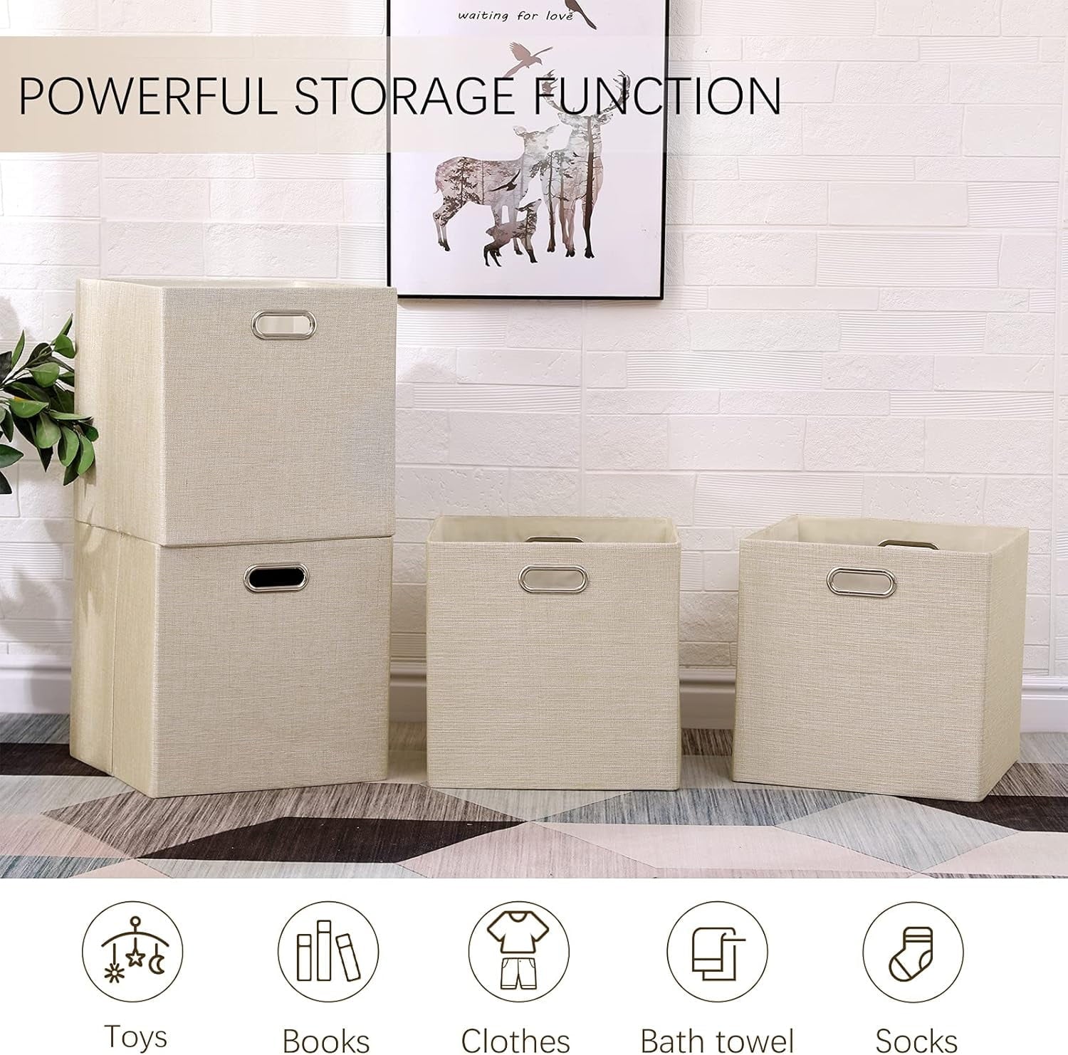 Cube Storage Bins 13×13 Linen Foldable Box with Handles, Collapsible Organization Basket Set of 4 Large Capacity Drawer for Closet Shelf Cabinet Bookcase Bedroom, Beige