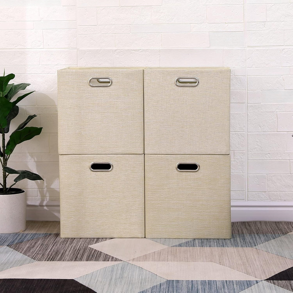 Cube Storage Bins 13×13 Linen Foldable Box with Handles, Collapsible Organization Basket Set of 4 Large Capacity Drawer for Closet Shelf Cabinet Bookcase Bedroom, Beige