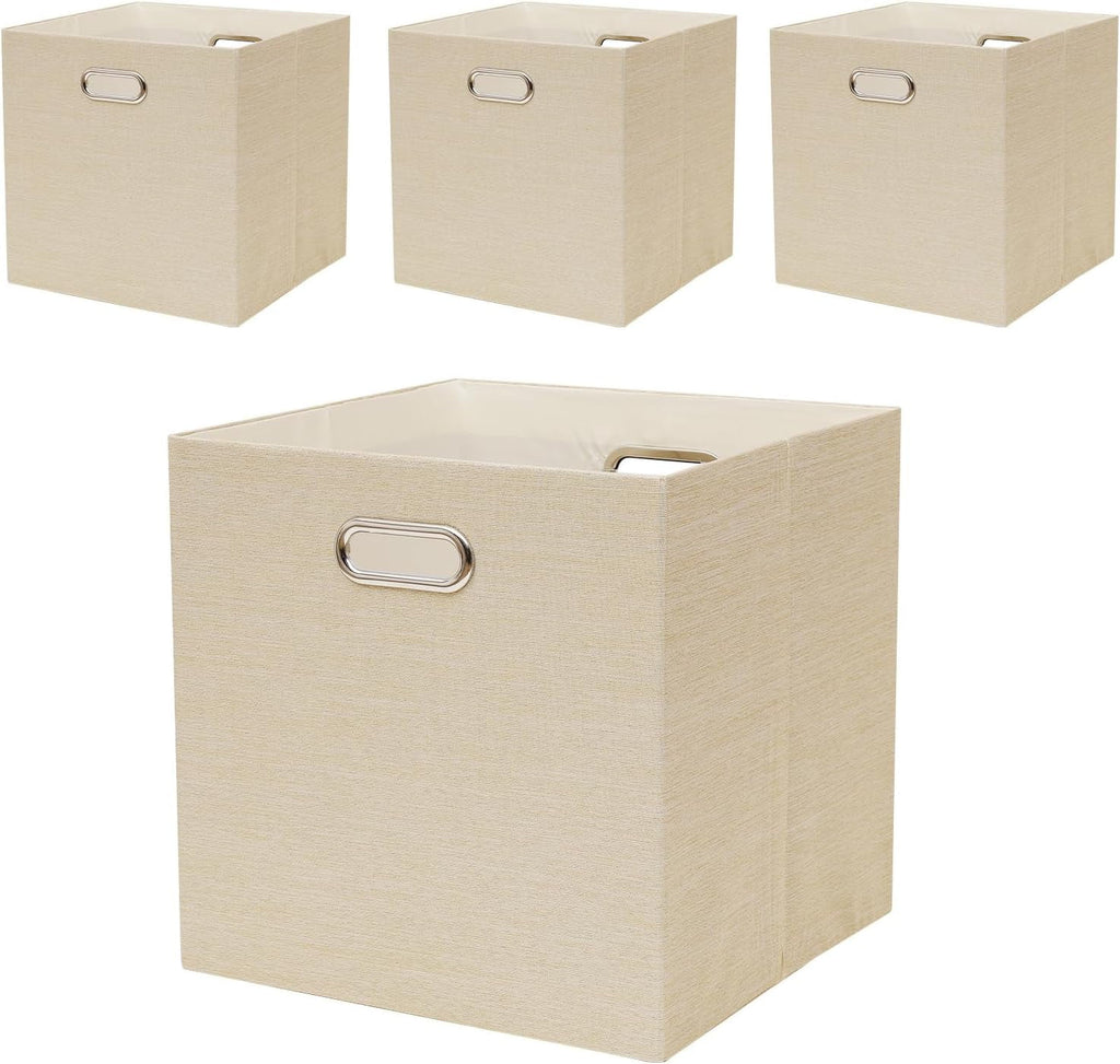 Cube Storage Bins 13×13 Linen Foldable Box with Handles, Collapsible Organization Basket Set of 4 Large Capacity Drawer for Closet Shelf Cabinet Bookcase Bedroom, Beige