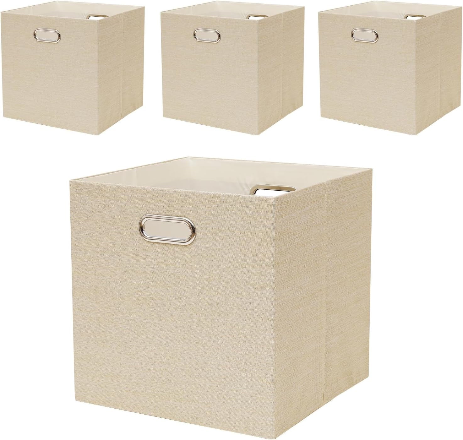 Cube Storage Bins 13×13 Linen Foldable Box with Handles, Collapsible Organization Basket Set of 4 Large Capacity Drawer for Closet Shelf Cabinet Bookcase Bedroom, Beige