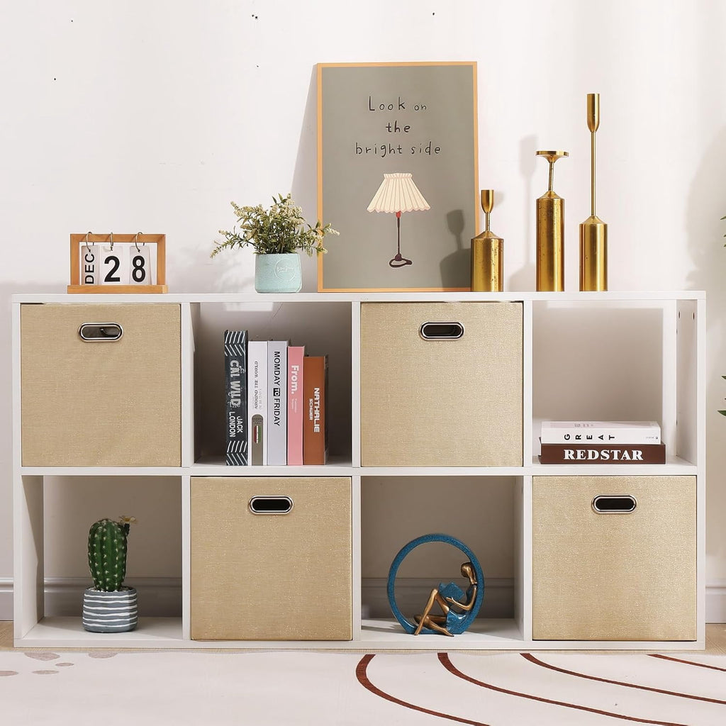 Cube Storage Bins 13×13 Linen Foldable Box with Handles, Collapsible Organization Basket Set of 4 Large Capacity Drawer for Closet Shelf Cabinet Bookcase Bedroom, Beige