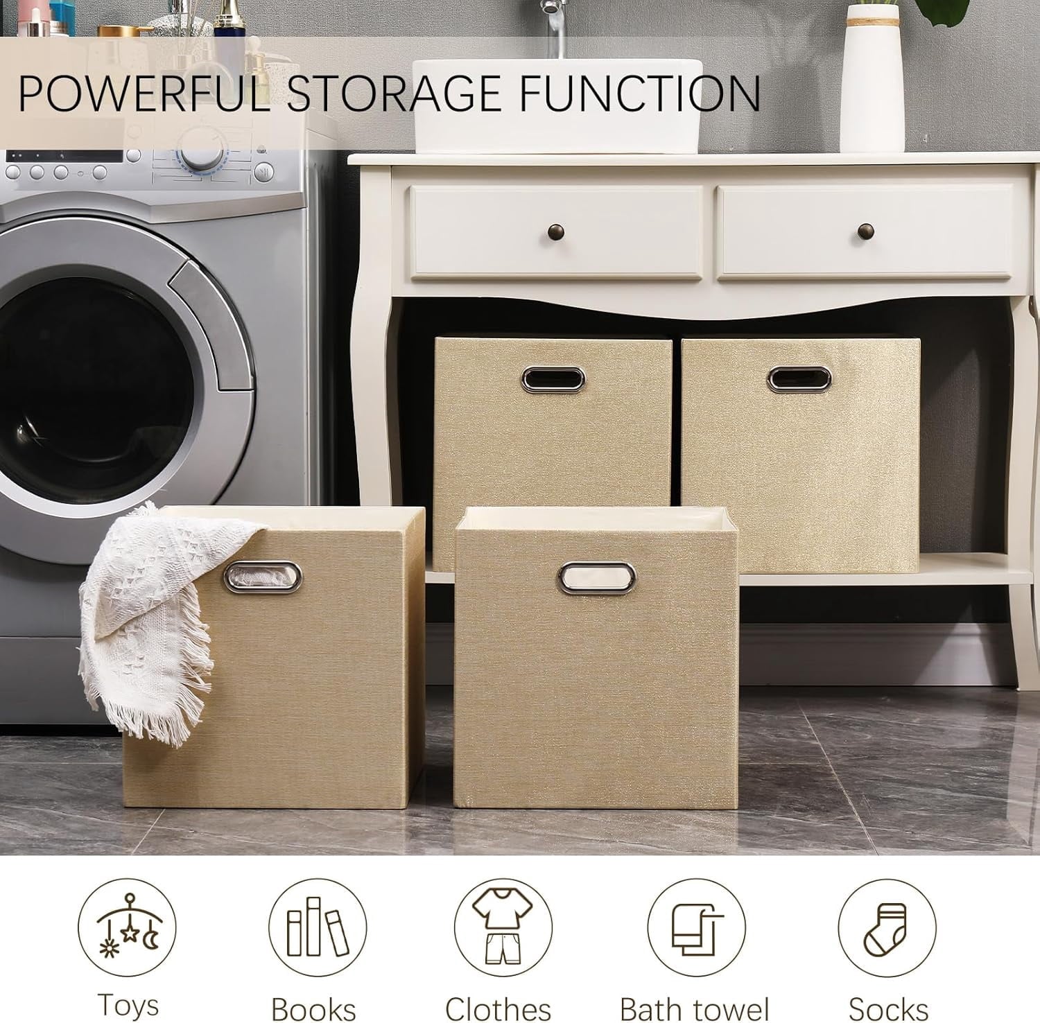 Cube Storage Bins 13×13 Linen Foldable Box with Handles, Collapsible Organization Basket Set of 4 Large Capacity Drawer for Closet Shelf Cabinet Bookcase Bedroom, Beige