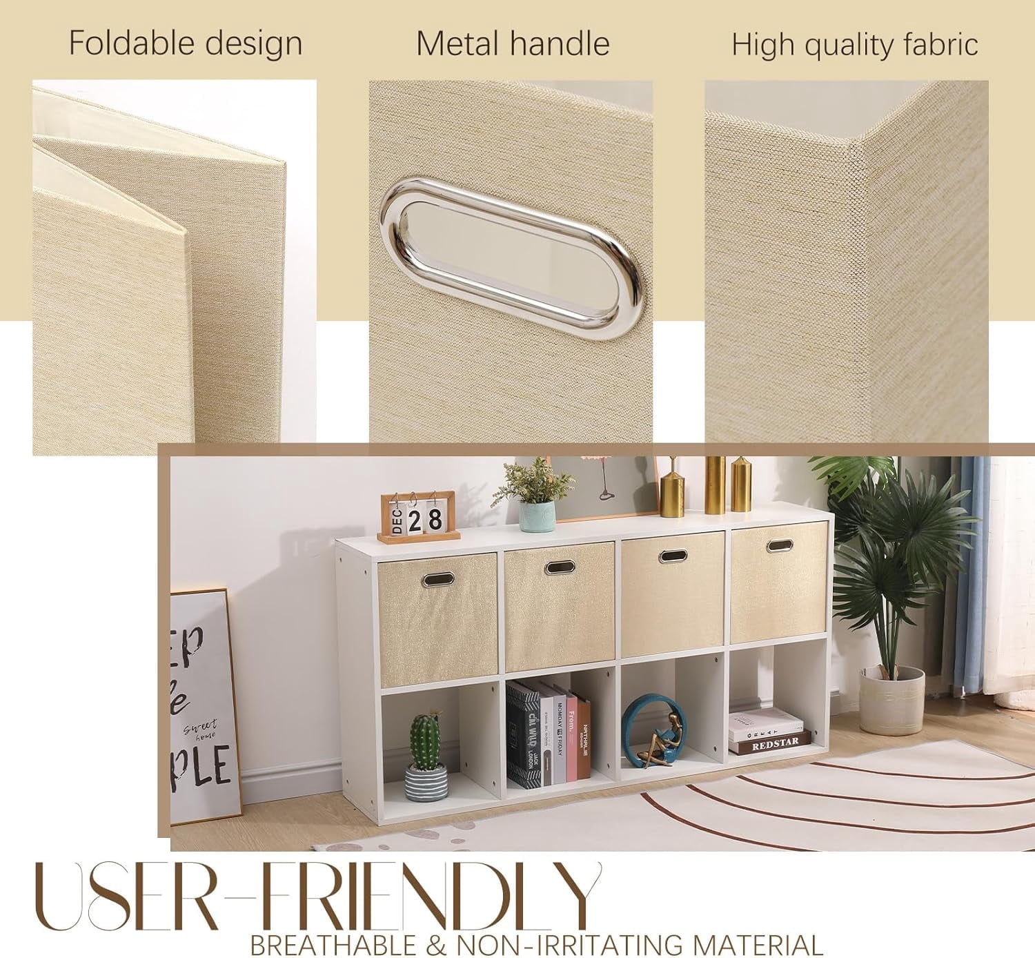 Cube Storage Bins 13×13 Linen Foldable Box with Handles, Collapsible Organization Basket Set of 4 Large Capacity Drawer for Closet Shelf Cabinet Bookcase Bedroom, Beige