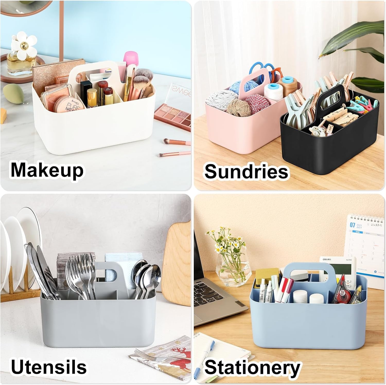 Ahot Multiuse Caddy Organizer with Handle - Stackable Plastic Tote Bin - Art Craft Supplies, Office, Desk, Stationery Pen Holder, Kitchen, Utensil, Makeup, Bathroom, Shower, Cleaning, Dorm Organizer