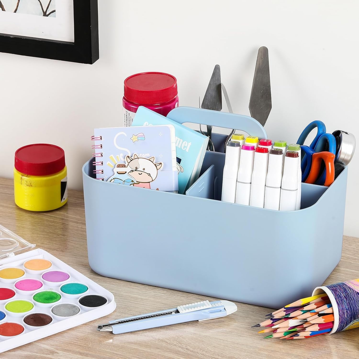 Ahot Multiuse Caddy Organizer with Handle - Stackable Plastic Tote Bin - Art Craft Supplies, Office, Desk, Stationery Pen Holder, Kitchen, Utensil, Makeup, Bathroom, Shower, Cleaning, Dorm Organizer